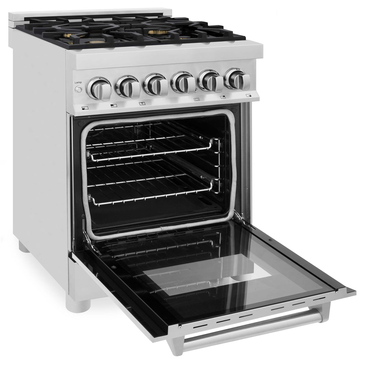 Stainless steel dual fuel range with open oven door and lower storage drawer