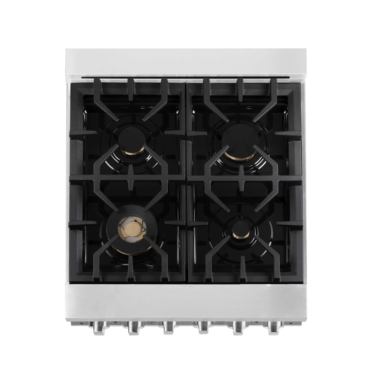Dual fuel range cooktop top view with four black grates and brass burner caps
