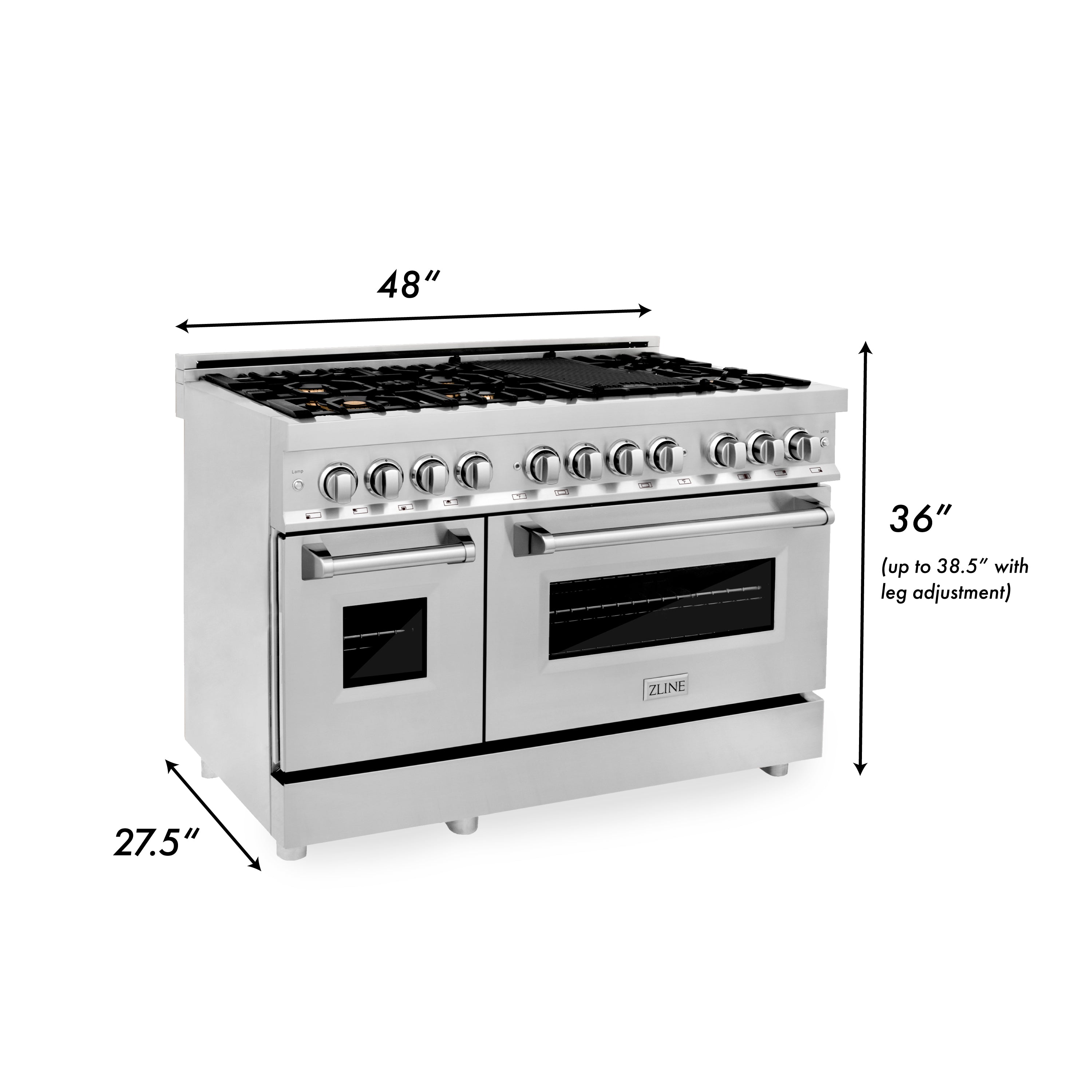 Stainless dual fuel range with six knobs and black burner grates across top