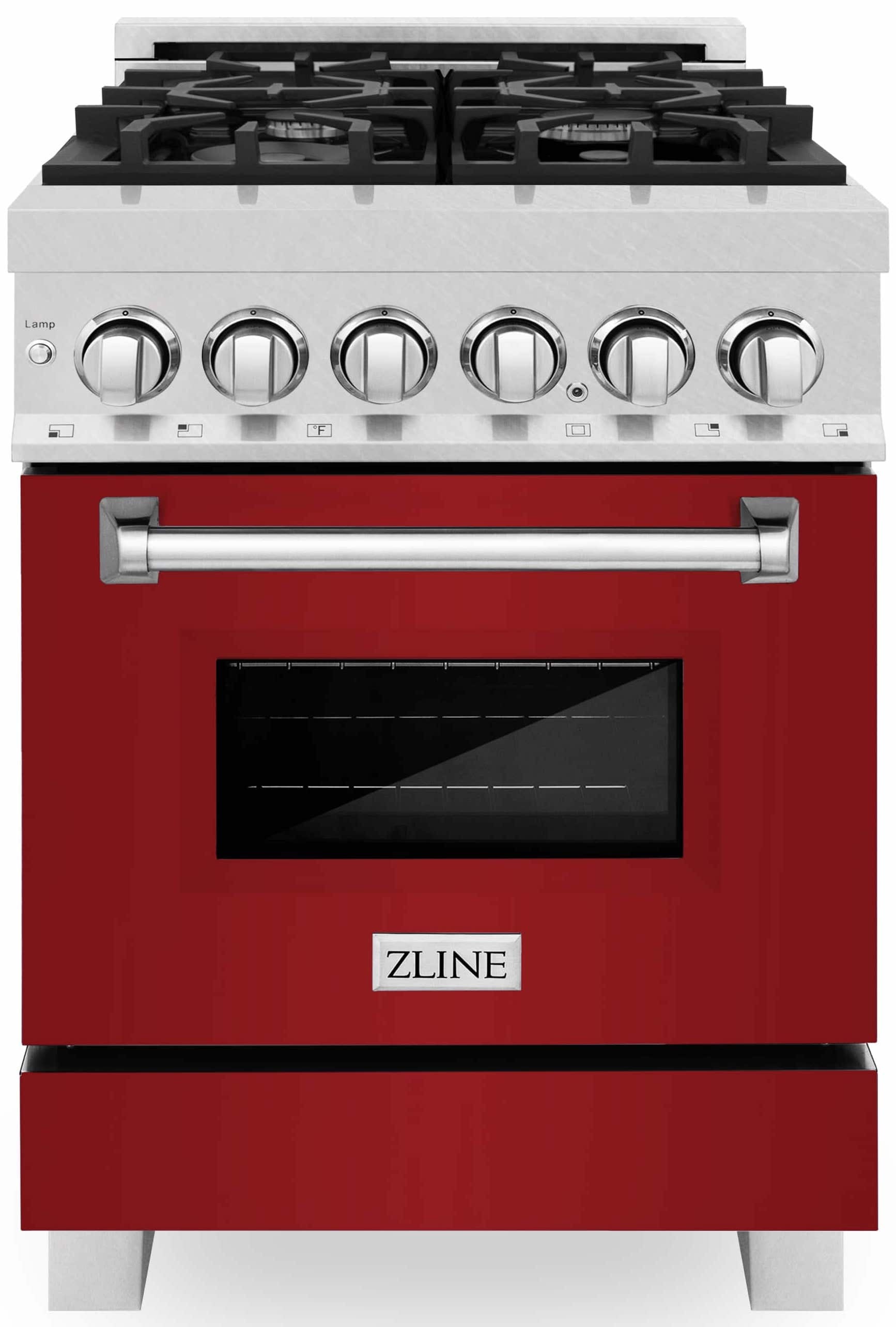 Front view of dual fuel range with red glossy door, stainless knobs, and black oven window.