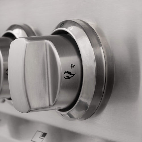 Stainless dual fuel range control knob with burner setting icons