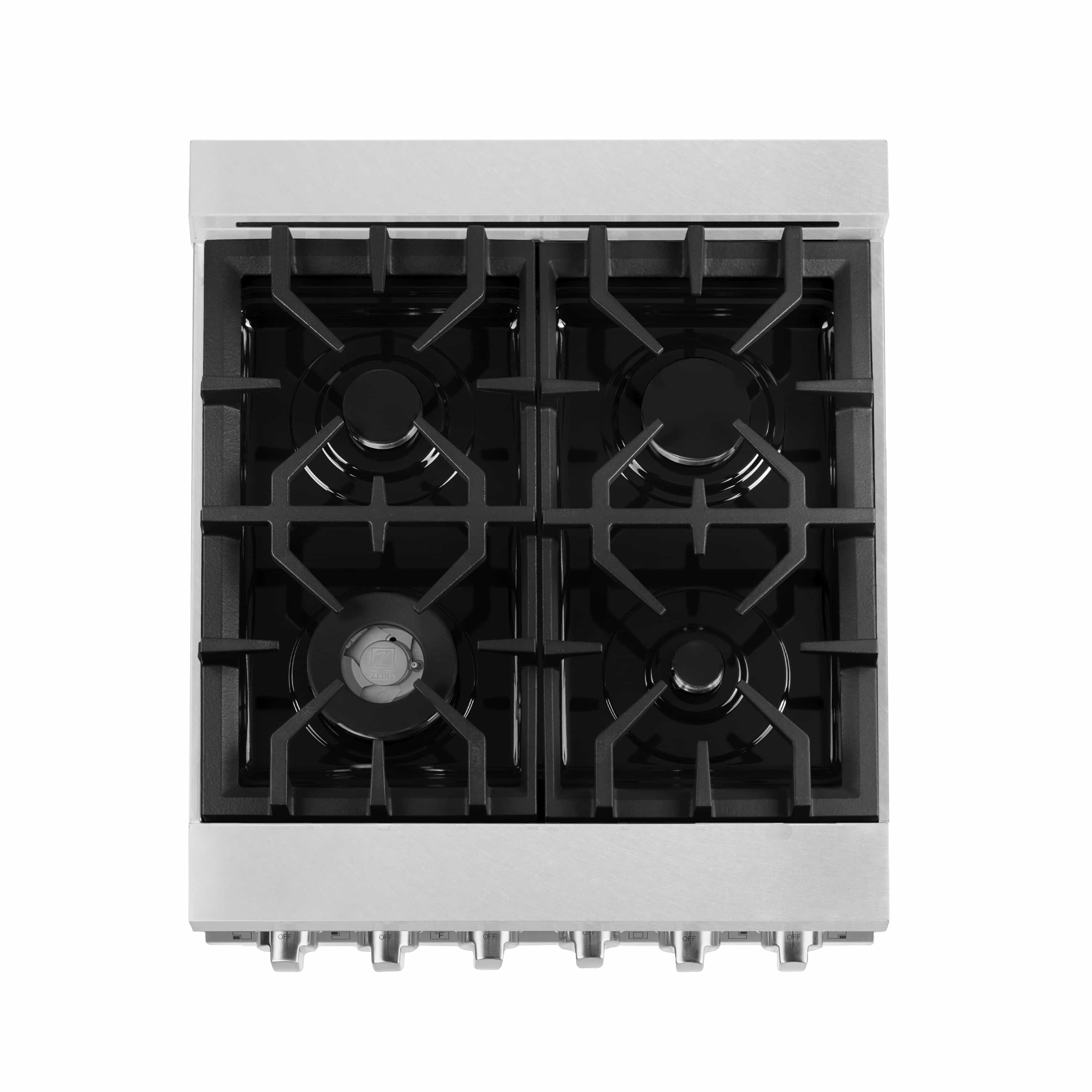Six-burner cooktop with black grates and rectangular burner layout