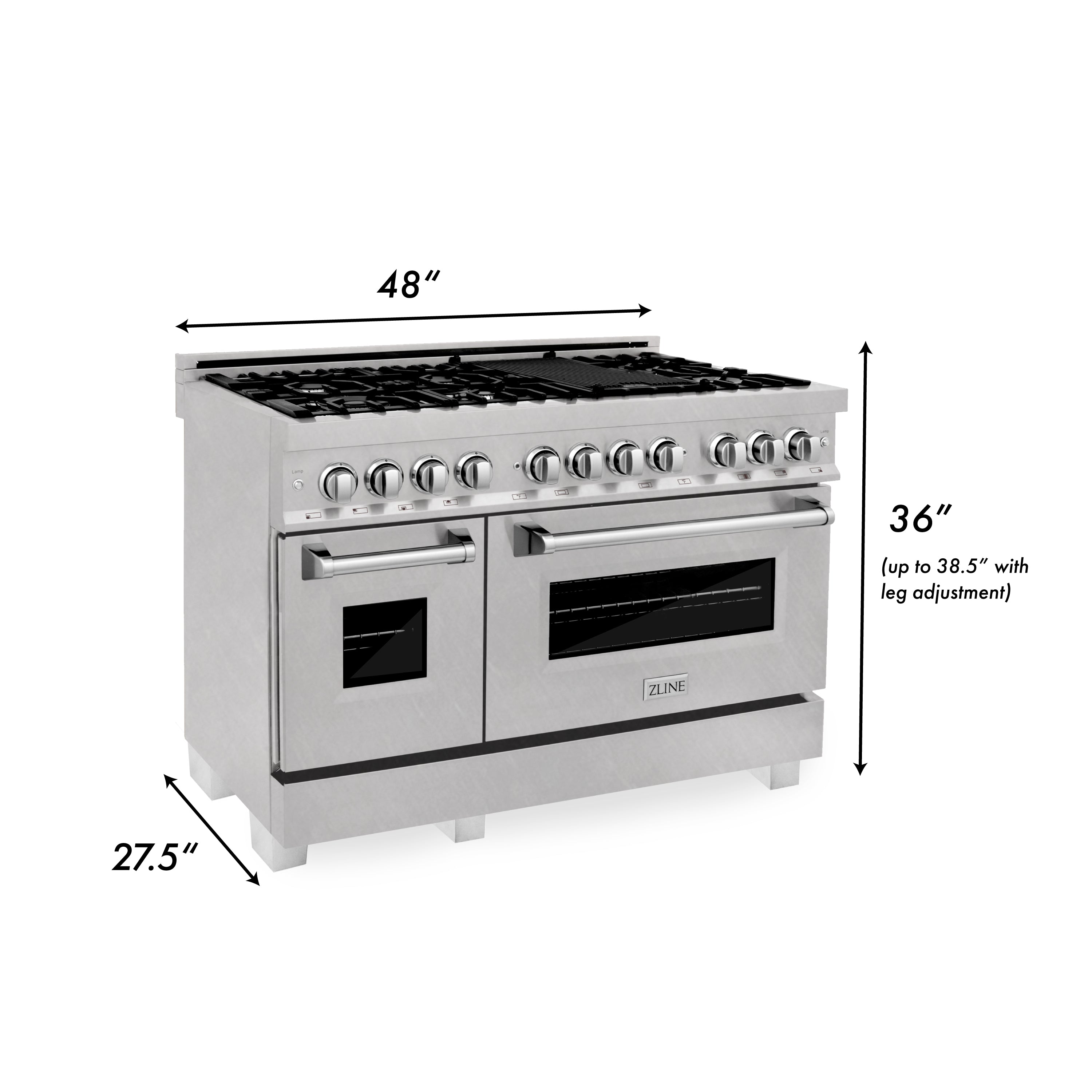 Stainless steel dual-fuel range with gas burners, griddle, and electric oven
