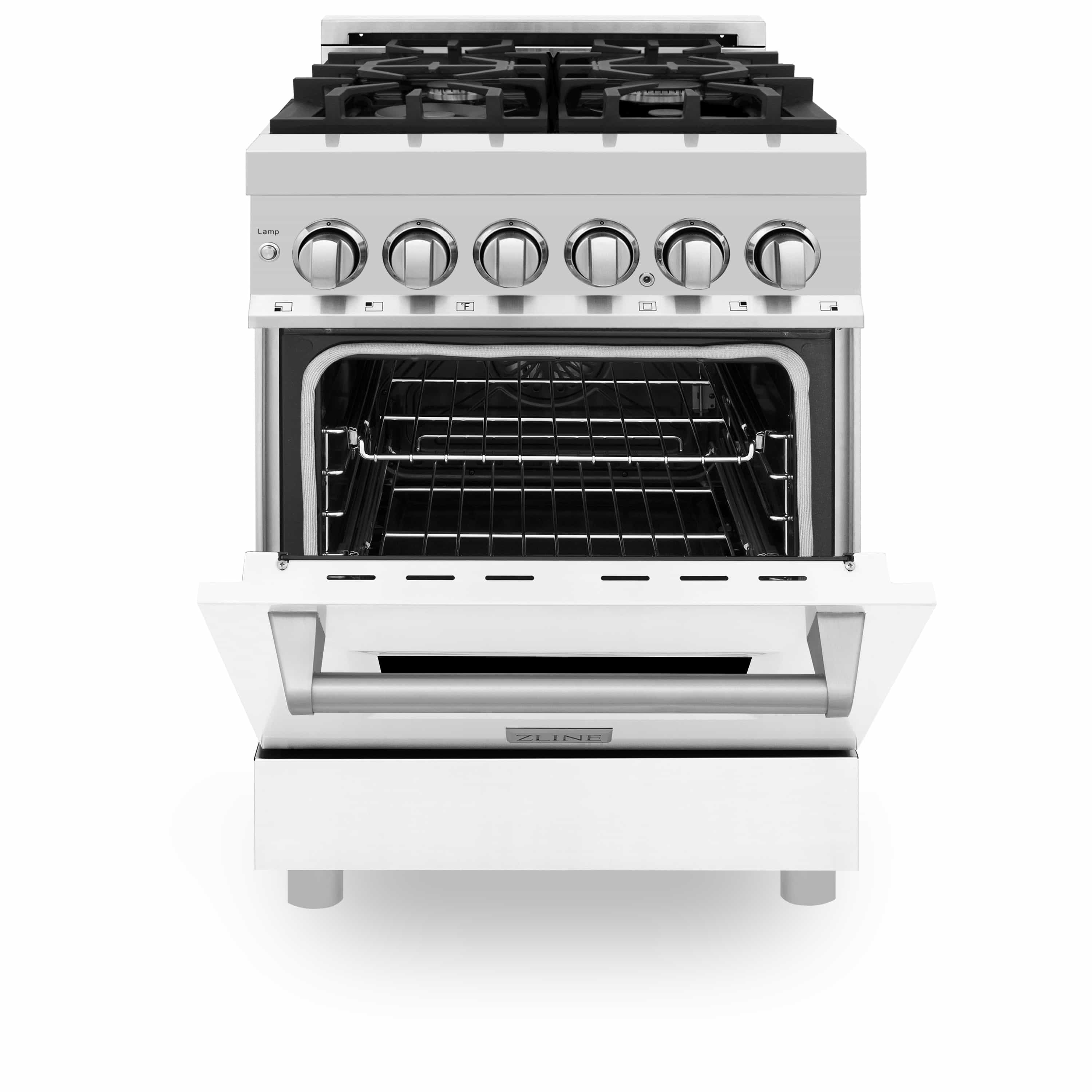 Dual fuel range with oven door fully open, showing wire rack inside.