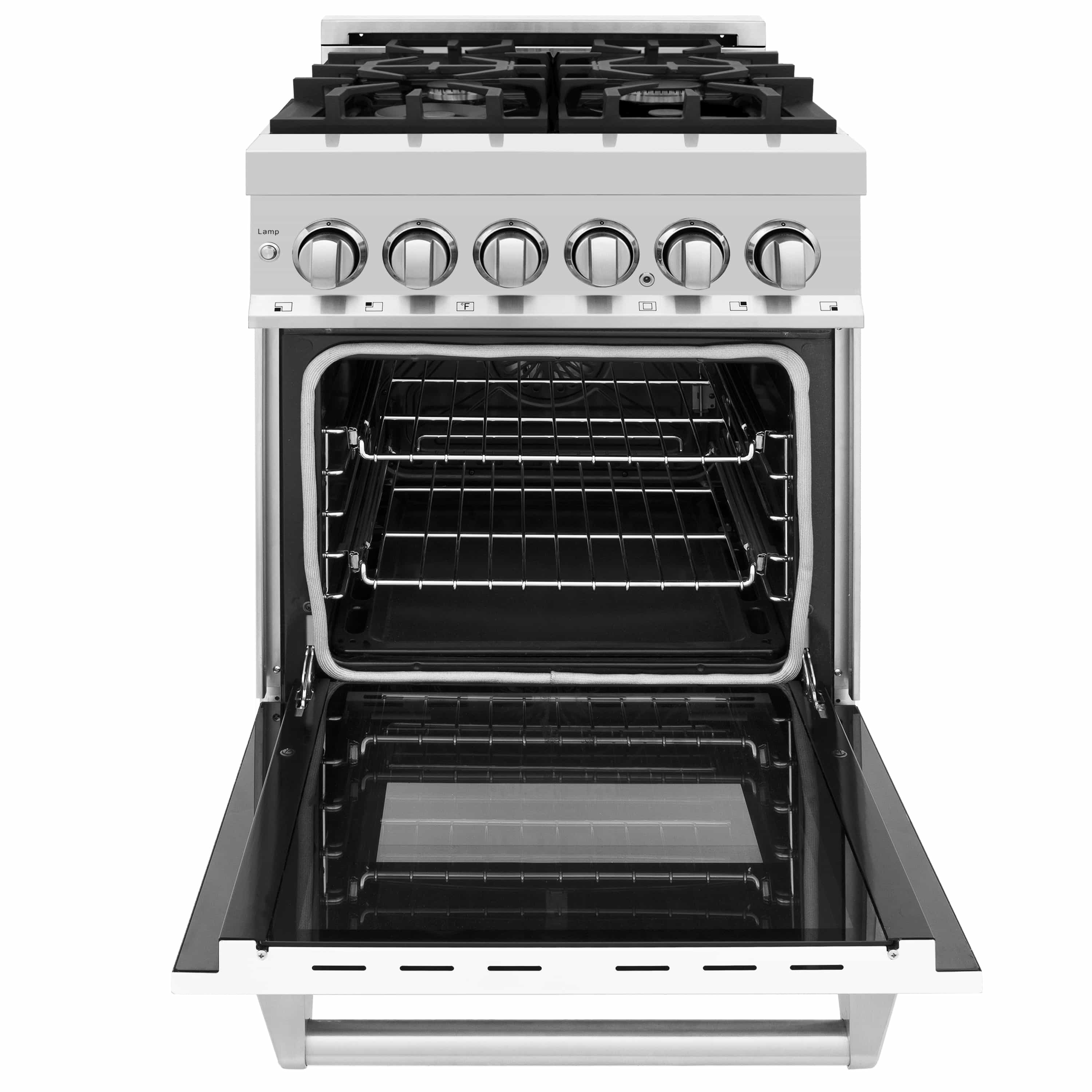 Open electric oven with two racks and lower heating area on a stainless range.