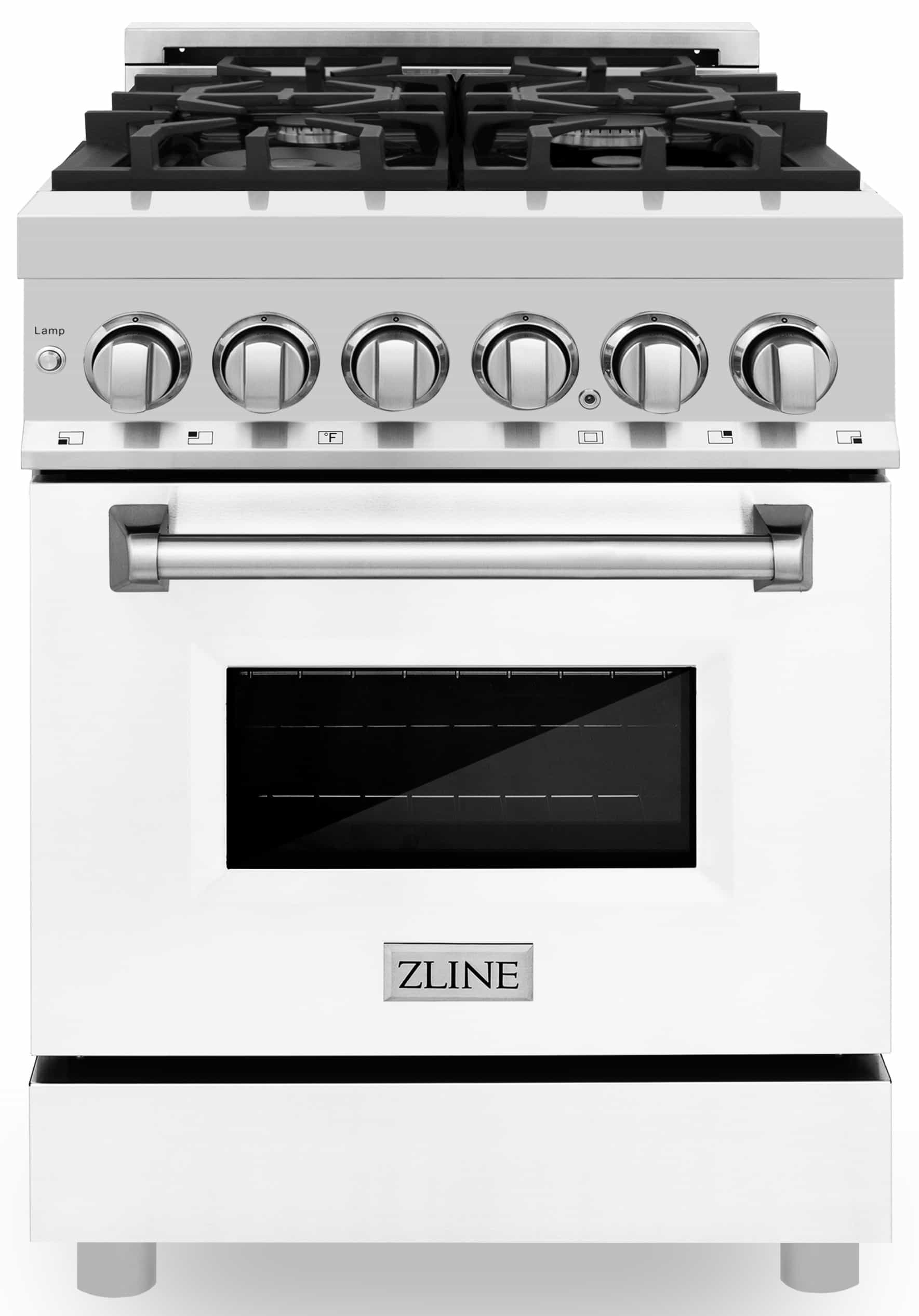 Front view of stainless dual fuel range with gas cooktop and electric oven window.
