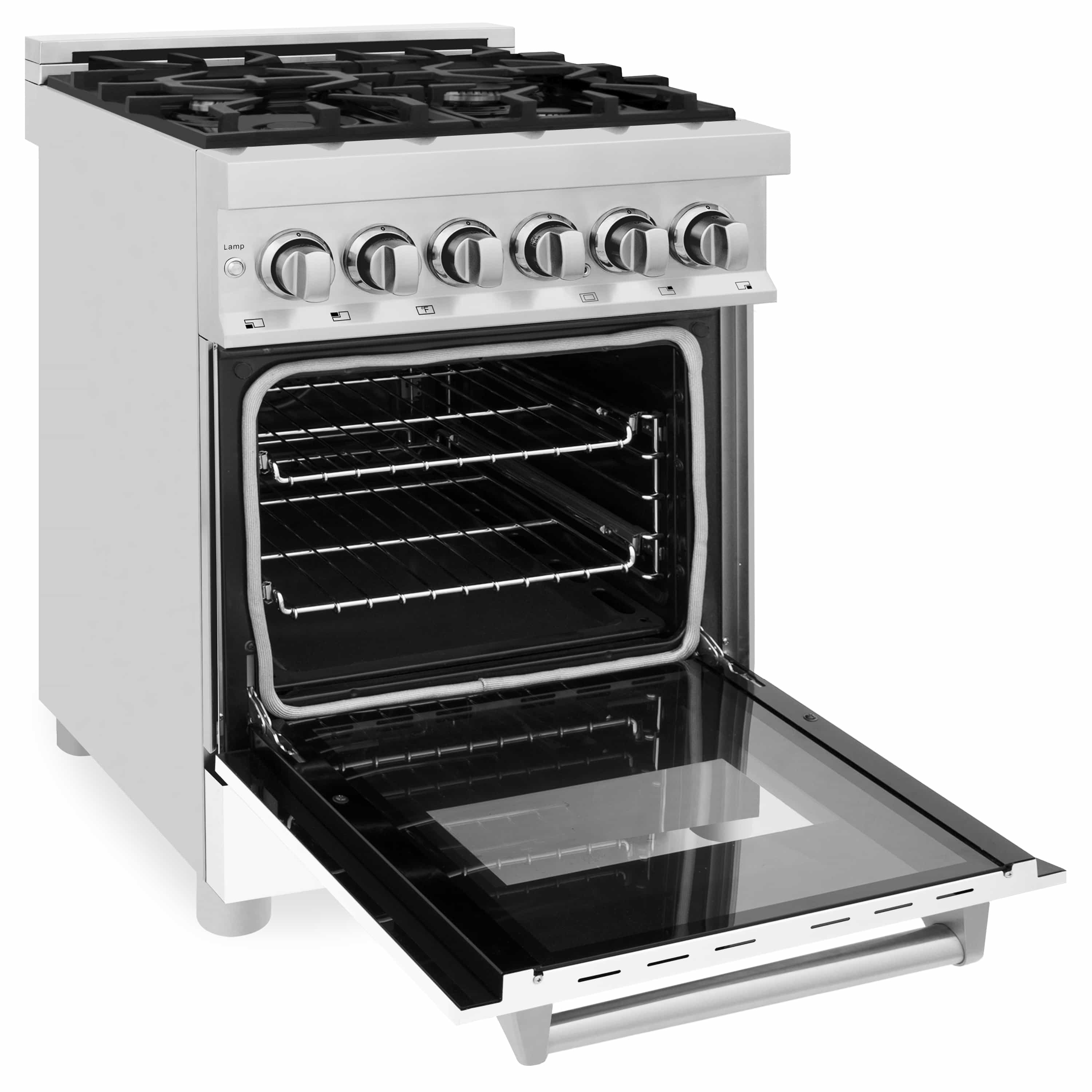 Dual fuel range oven door open, revealing bottom chamber and wire racks.