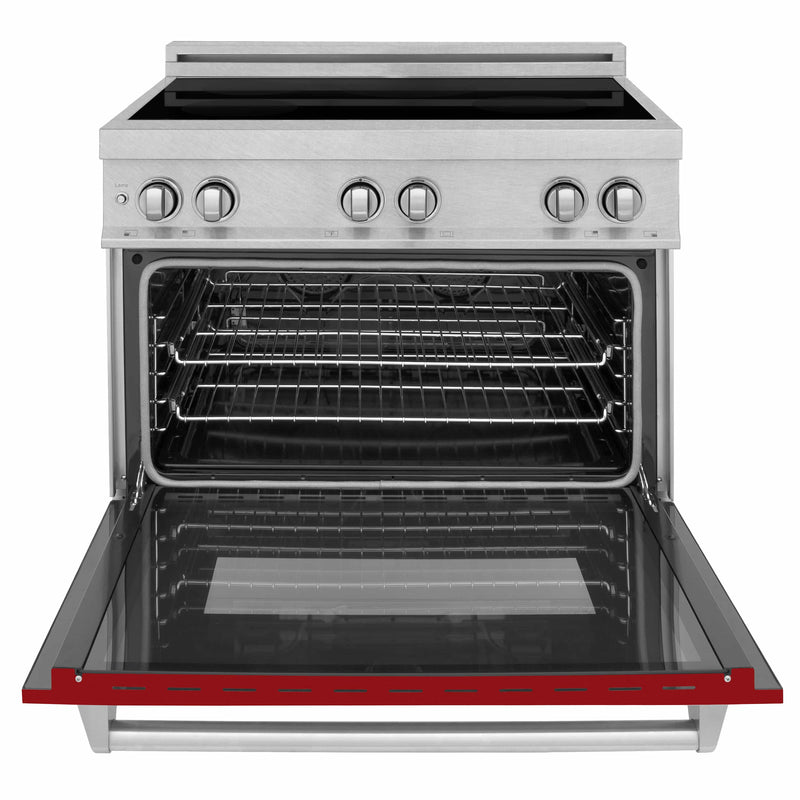 ZLINE 36-Inch 4.6 cu. ft. Induction Range with a 4 Element Stove and Electric Oven in DuraSnow Stainless Steel with Red Gloss Door (RAINDS-RG-36)