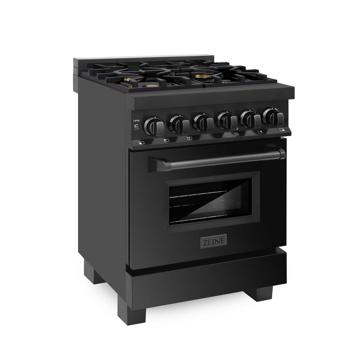 ZLINE black dual-fuel range with four gas burners and closed oven door