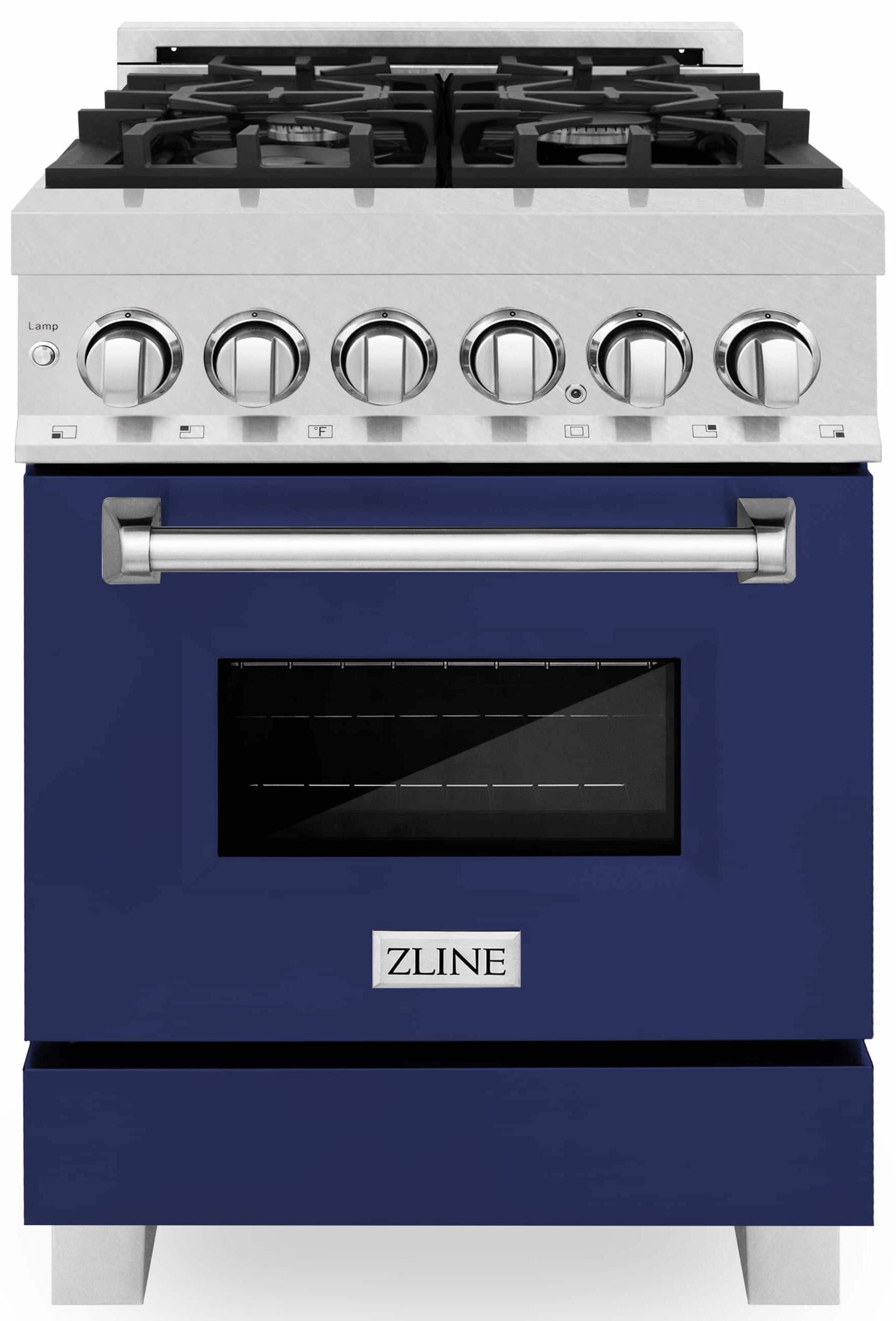 Dual-fuel range front, silver knobs, black grates, and blue oven door