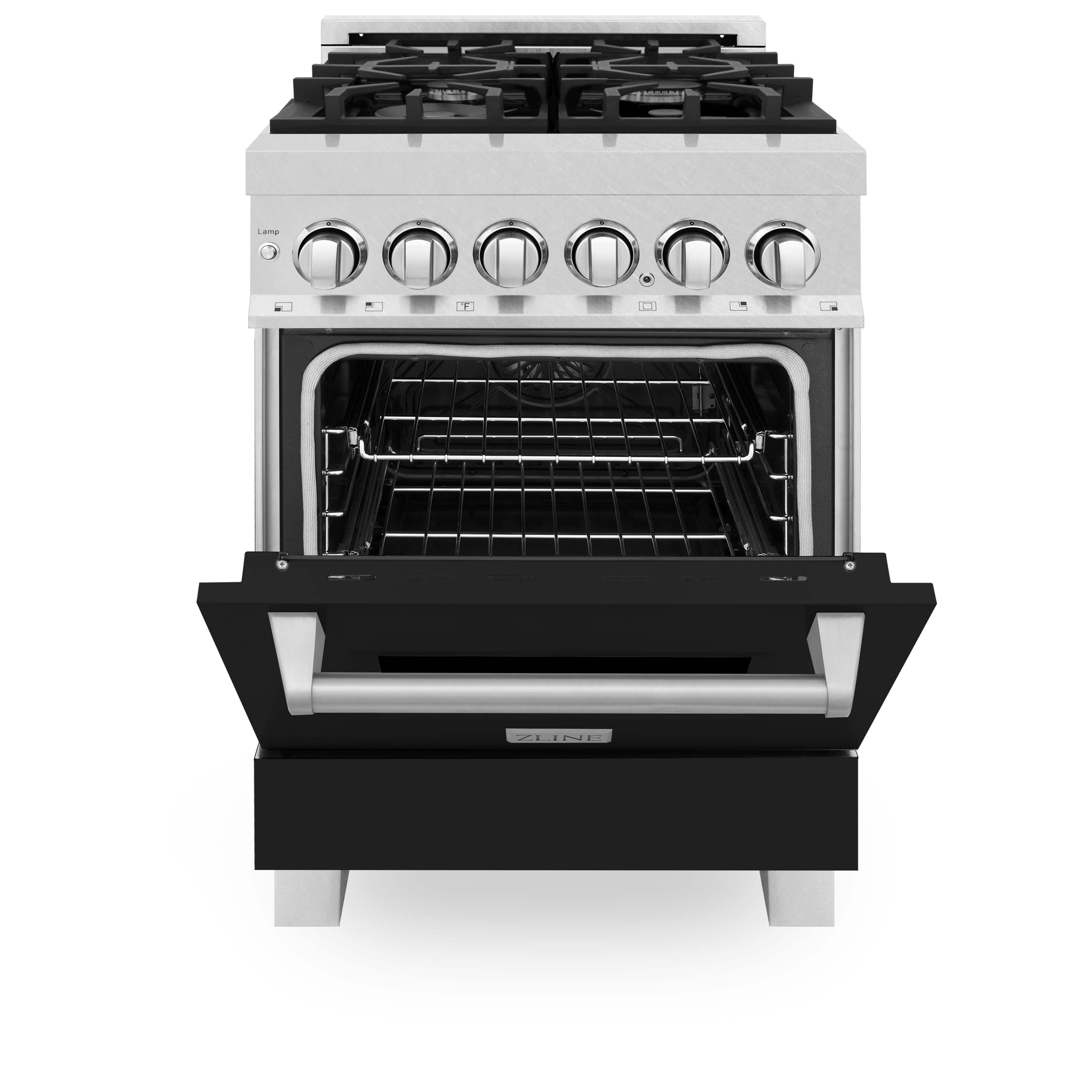 Dual fuel range with oven door open, black interior, and wire rack on rails