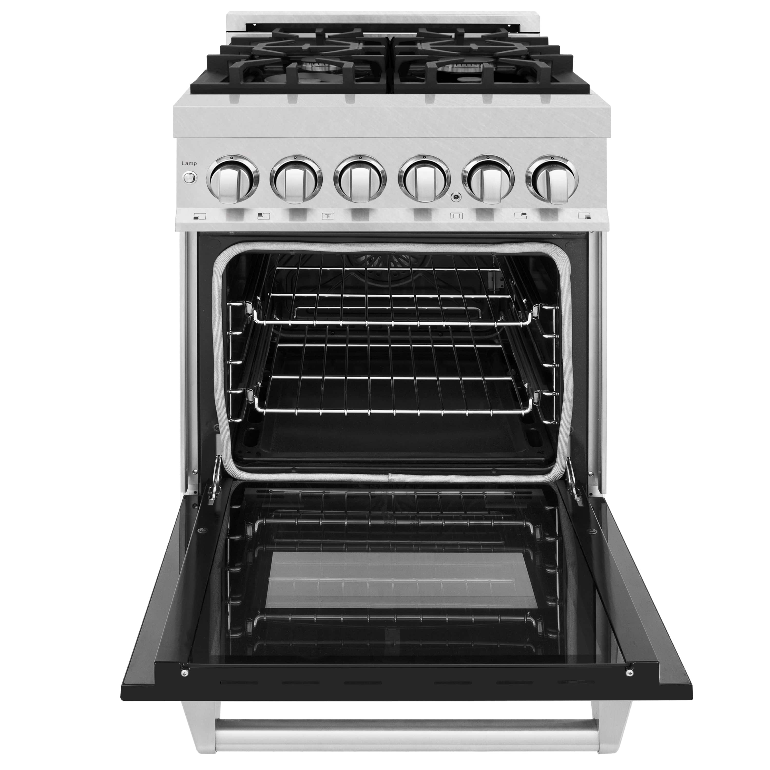 Dual fuel range oven open showing upper and lower racks with black interior