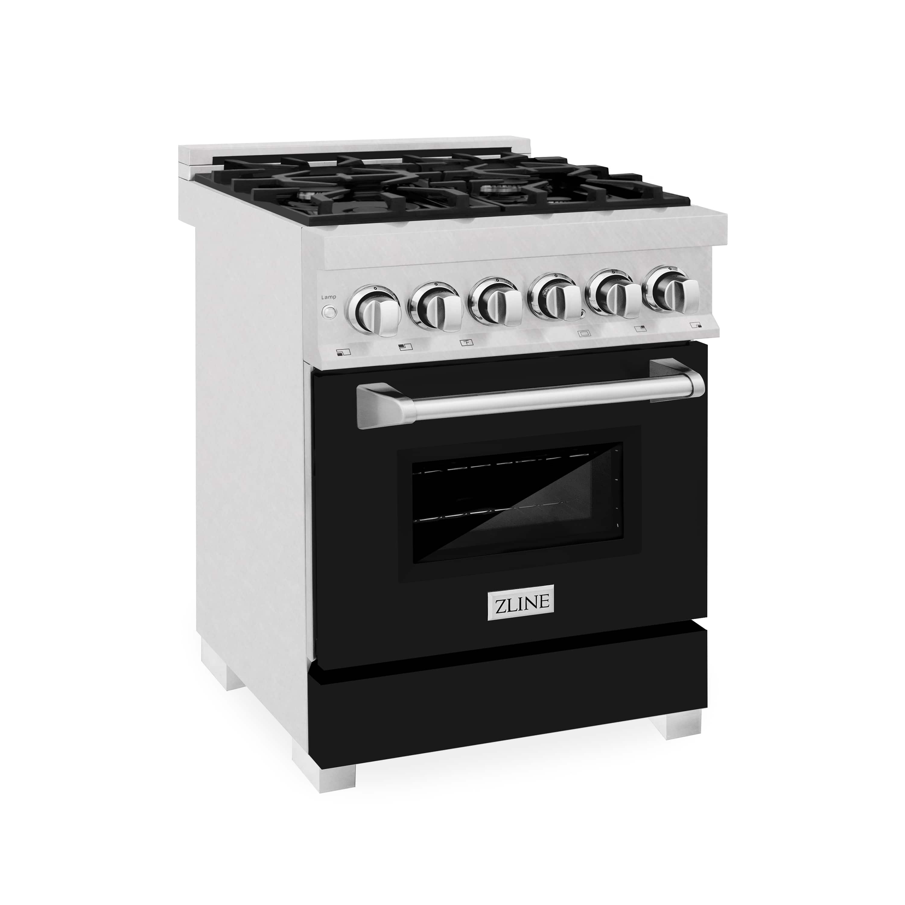 Dual fuel range with black oven door, stainless control knobs, and top burner grates