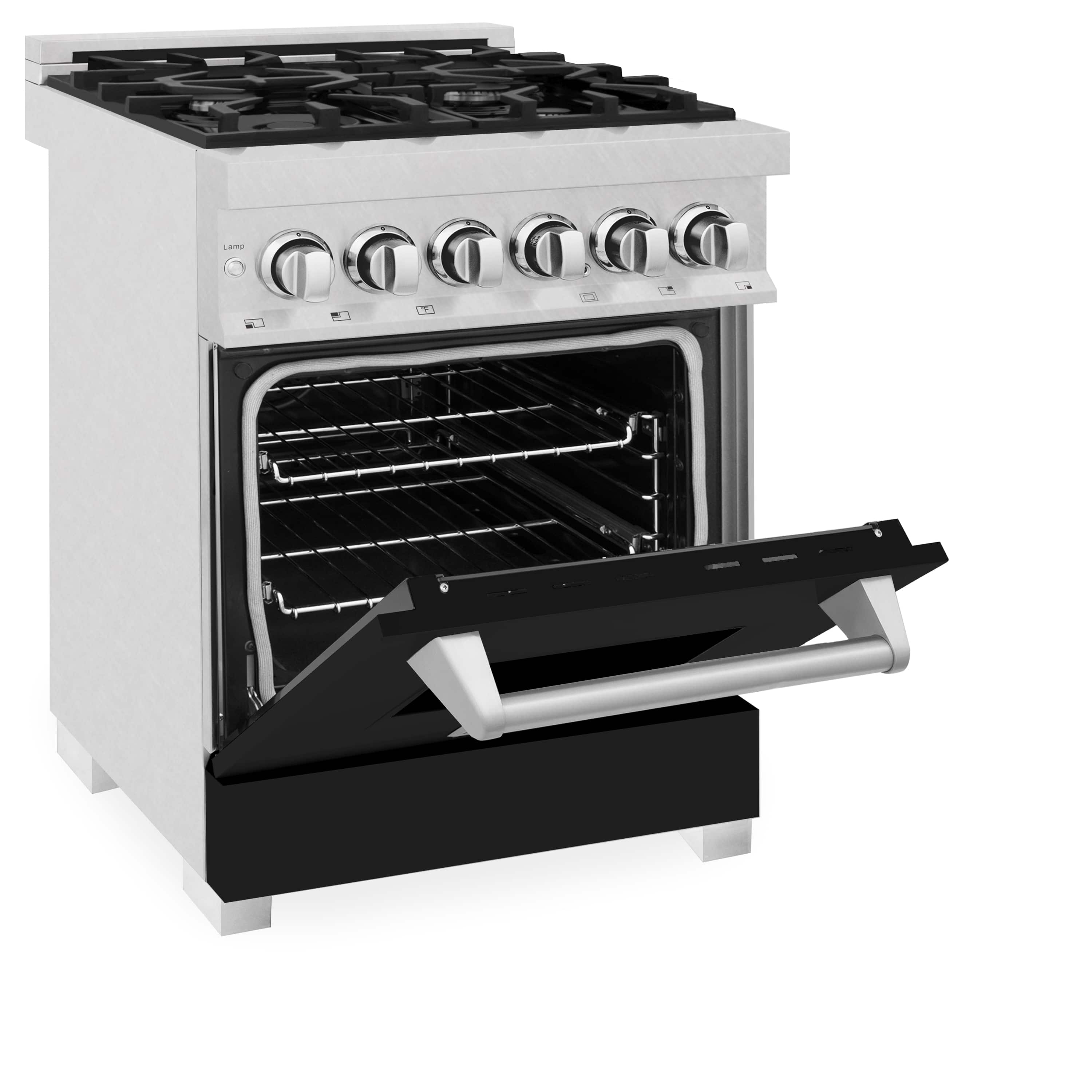 Dual fuel range oven open with handle, black interior, and wire rack shelves