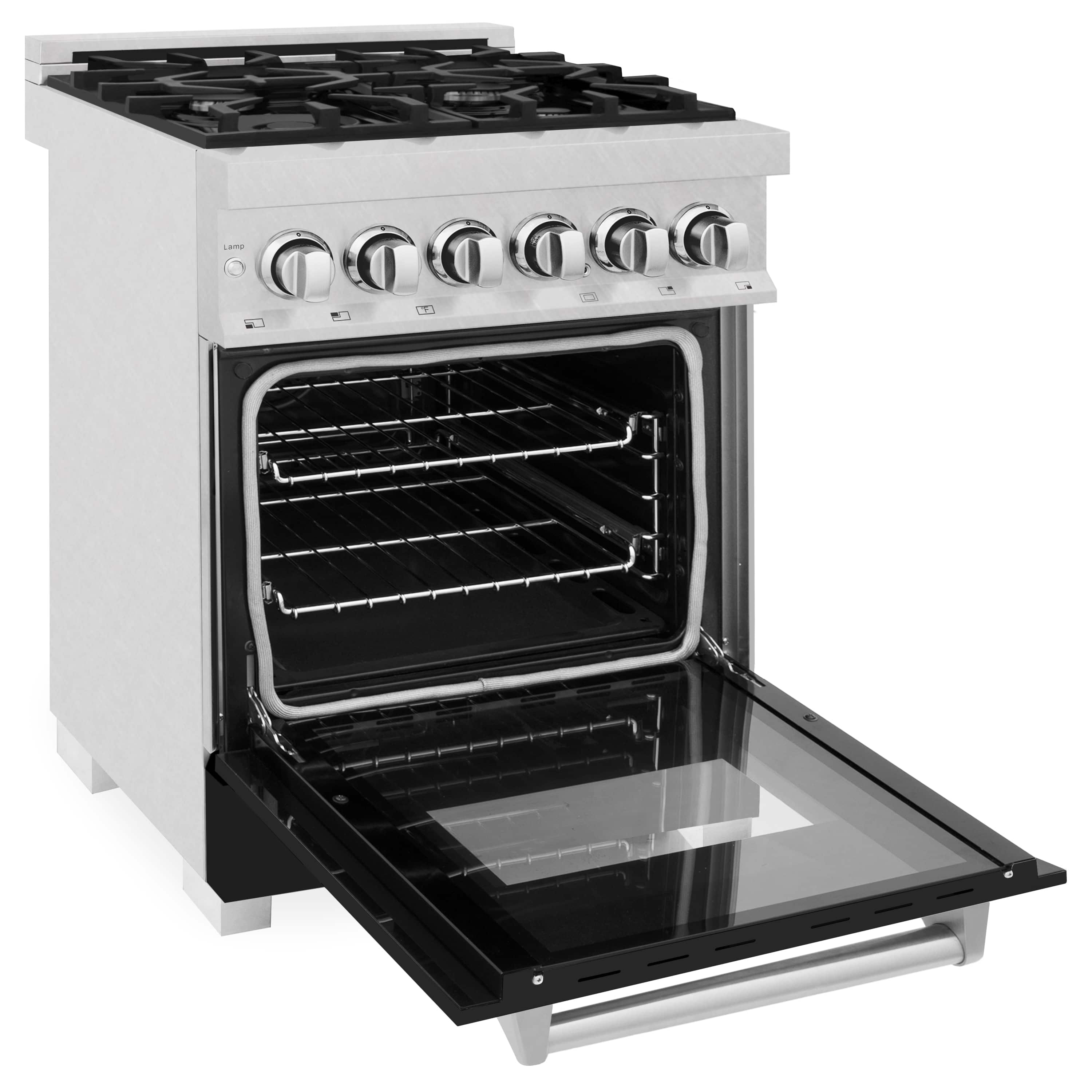 Dual fuel range oven open showing upper rack, black interior, and open glass panel
