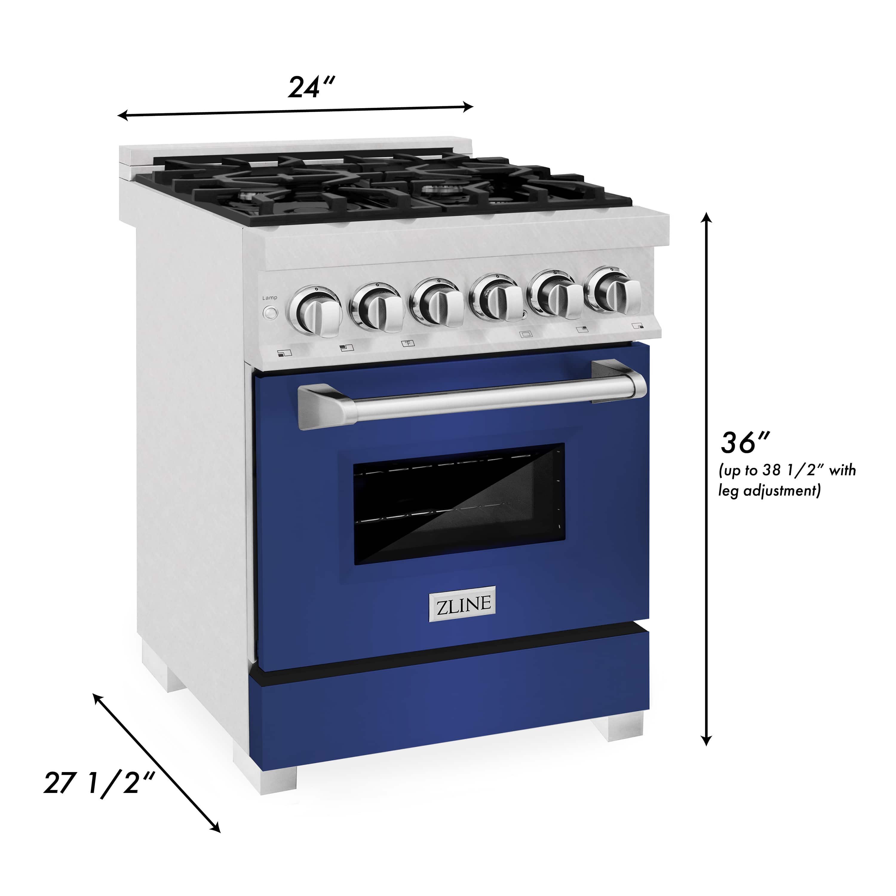 Dual fuel range front view with gas burners, satin stainless and blue oven door