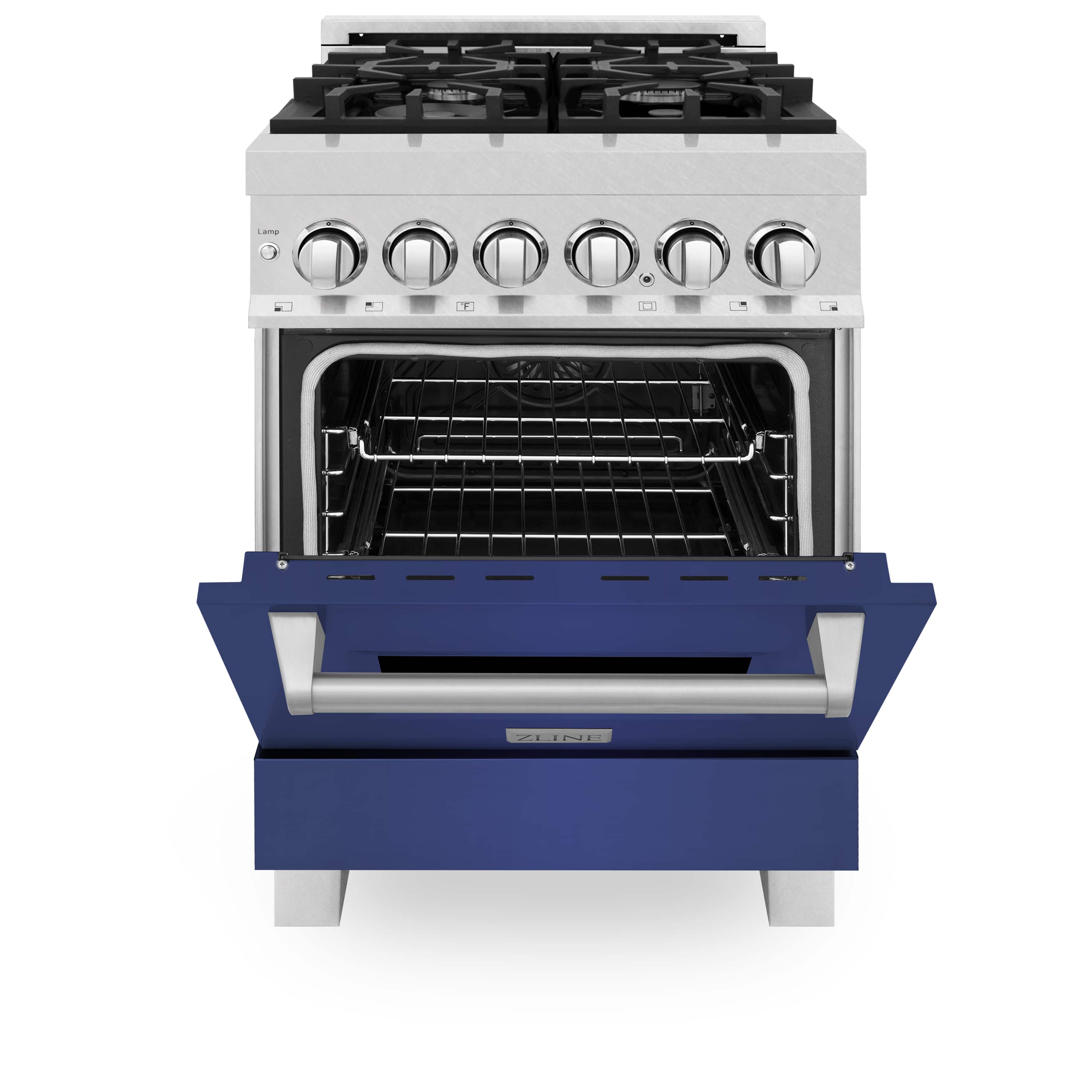 Dual fuel range with oven door open showing racks and satin stainless interior