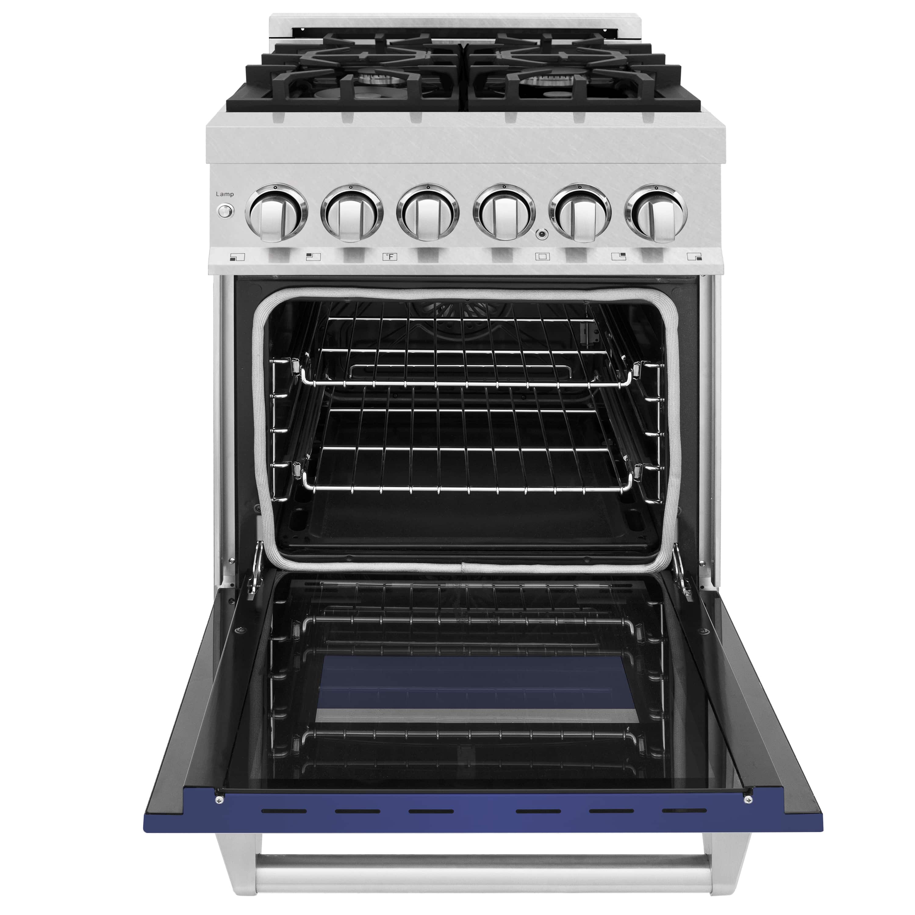 Dual fuel range oven open view with multiple racks and blue lower panel
