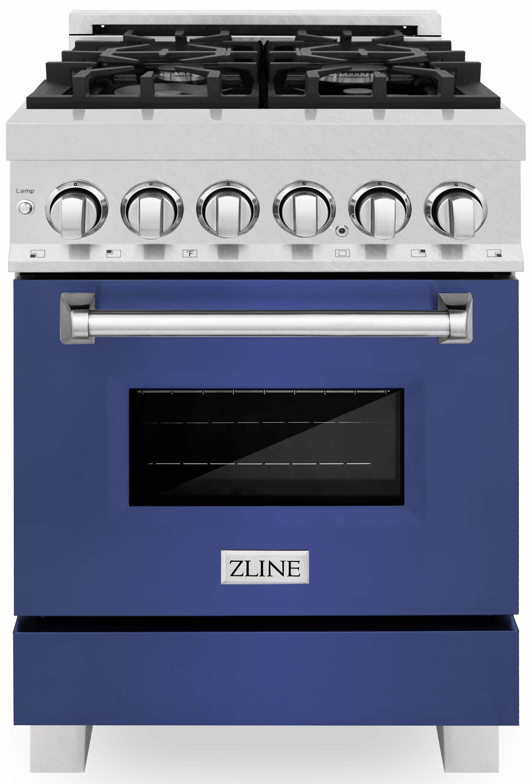 Dual fuel range front with six round knobs, satin stainless top, and blue oven door
