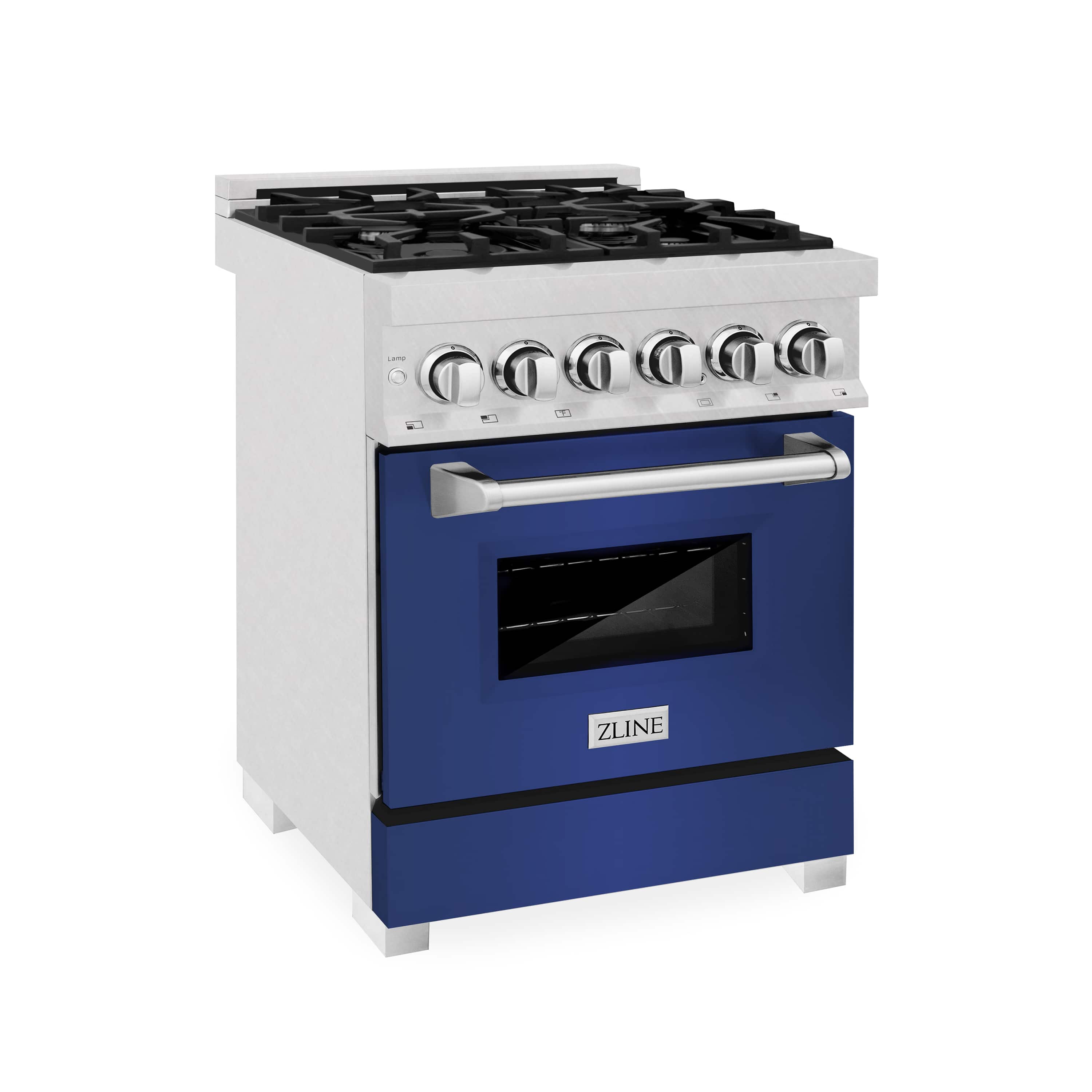 Dual fuel range three-quarter view with gas burners, satin stainless body, blue door