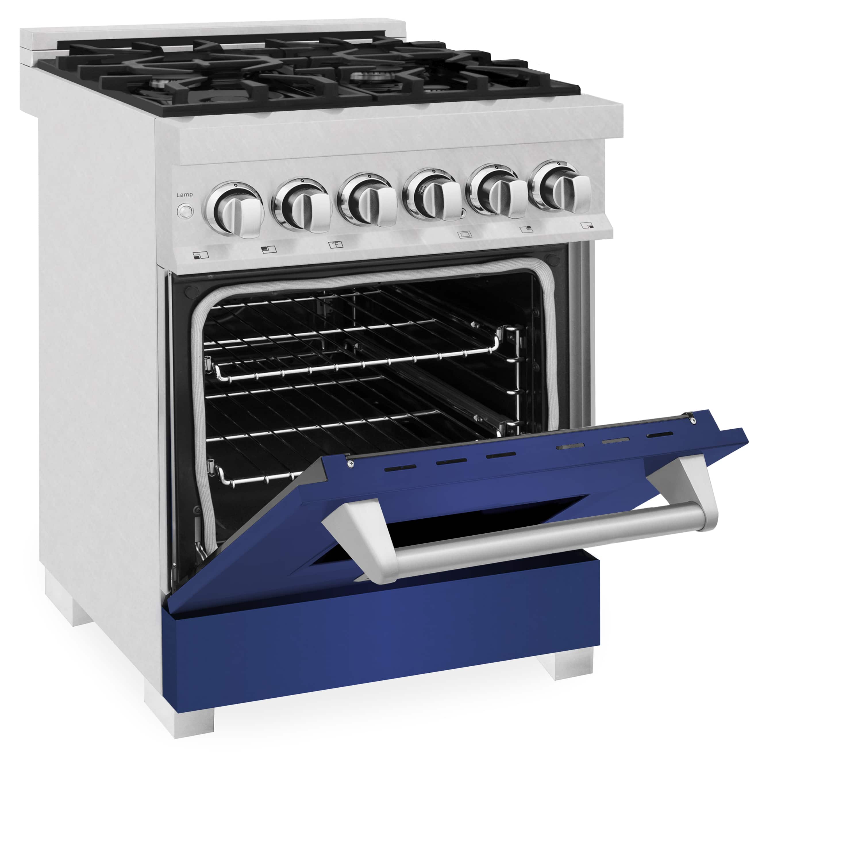 Dual fuel range oven open with broiler drawer extended and blue front panel