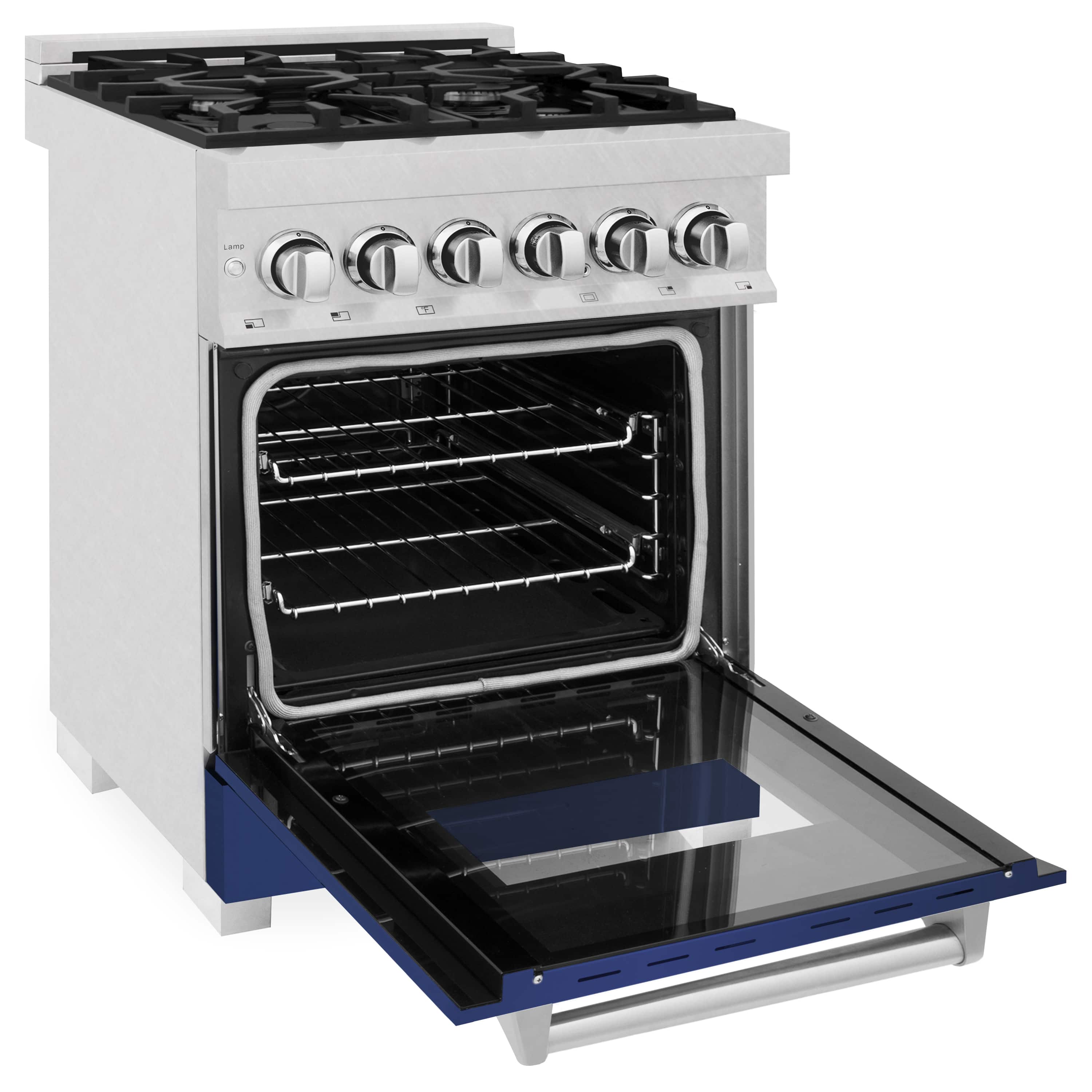 Dual fuel range oven open with hinged glass door and blue lower drawer