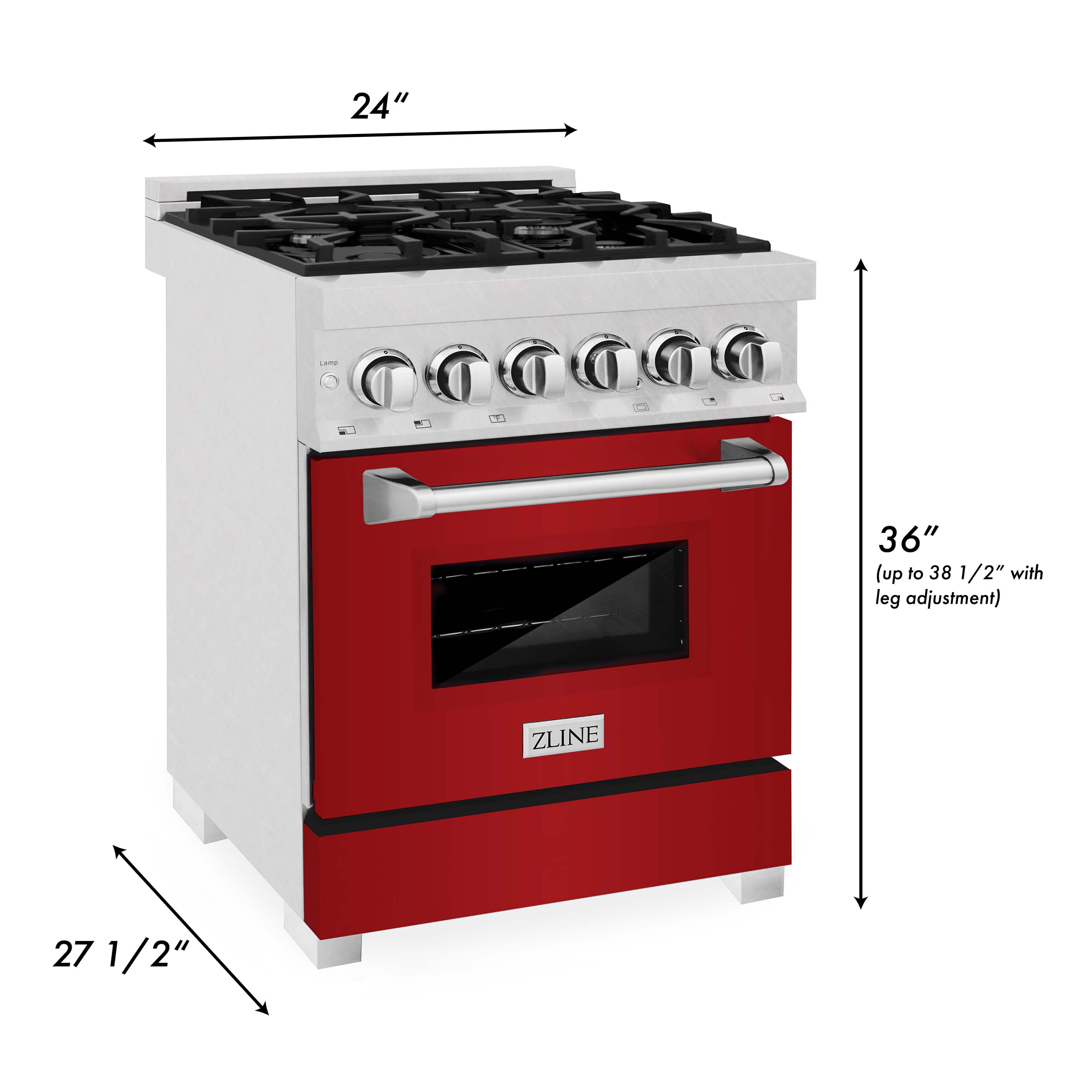 Dual fuel range dimensions view: stainless cooktop with red oven door and handle.