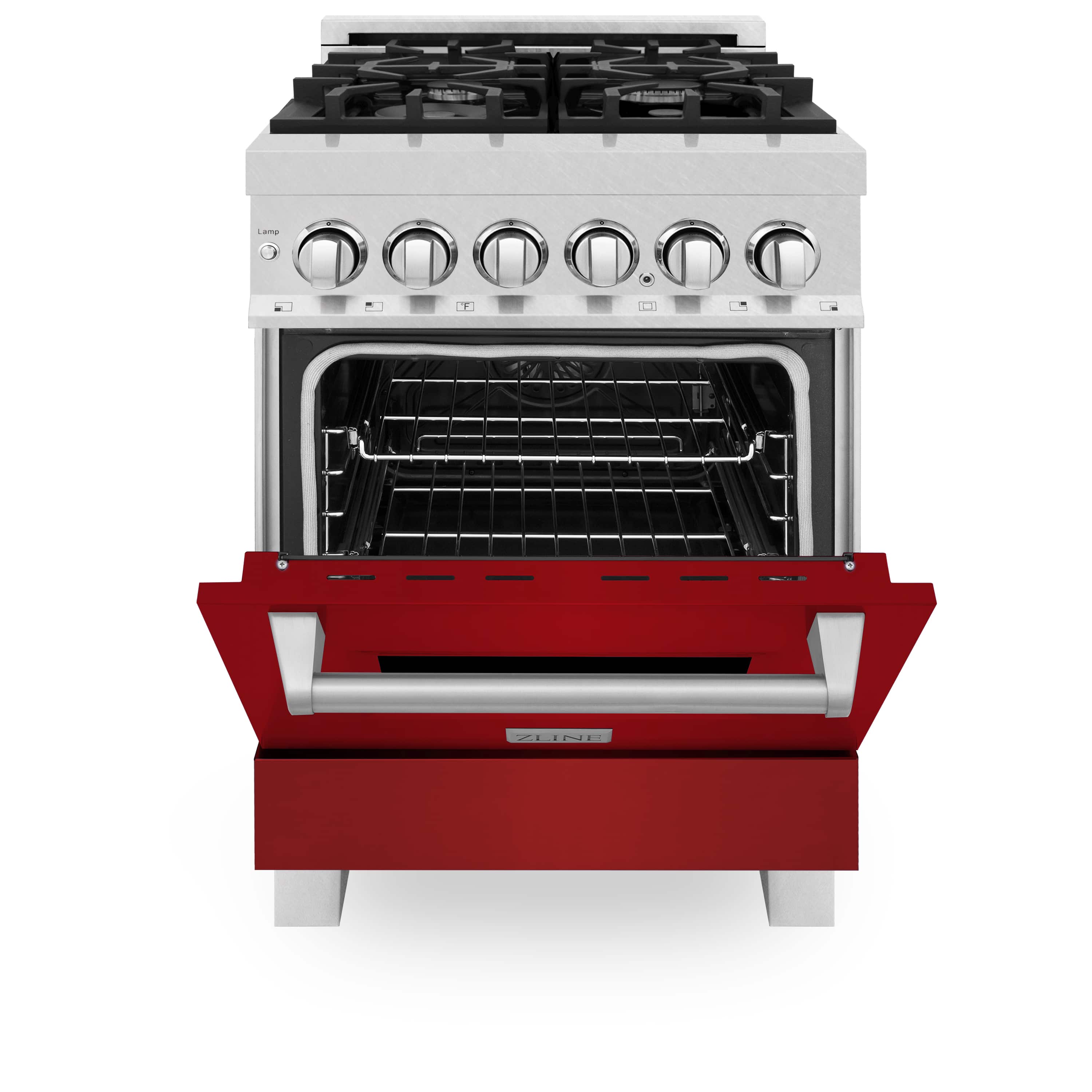 Open-door dual fuel range showing oven racks inside, with stainless knobs and red base.