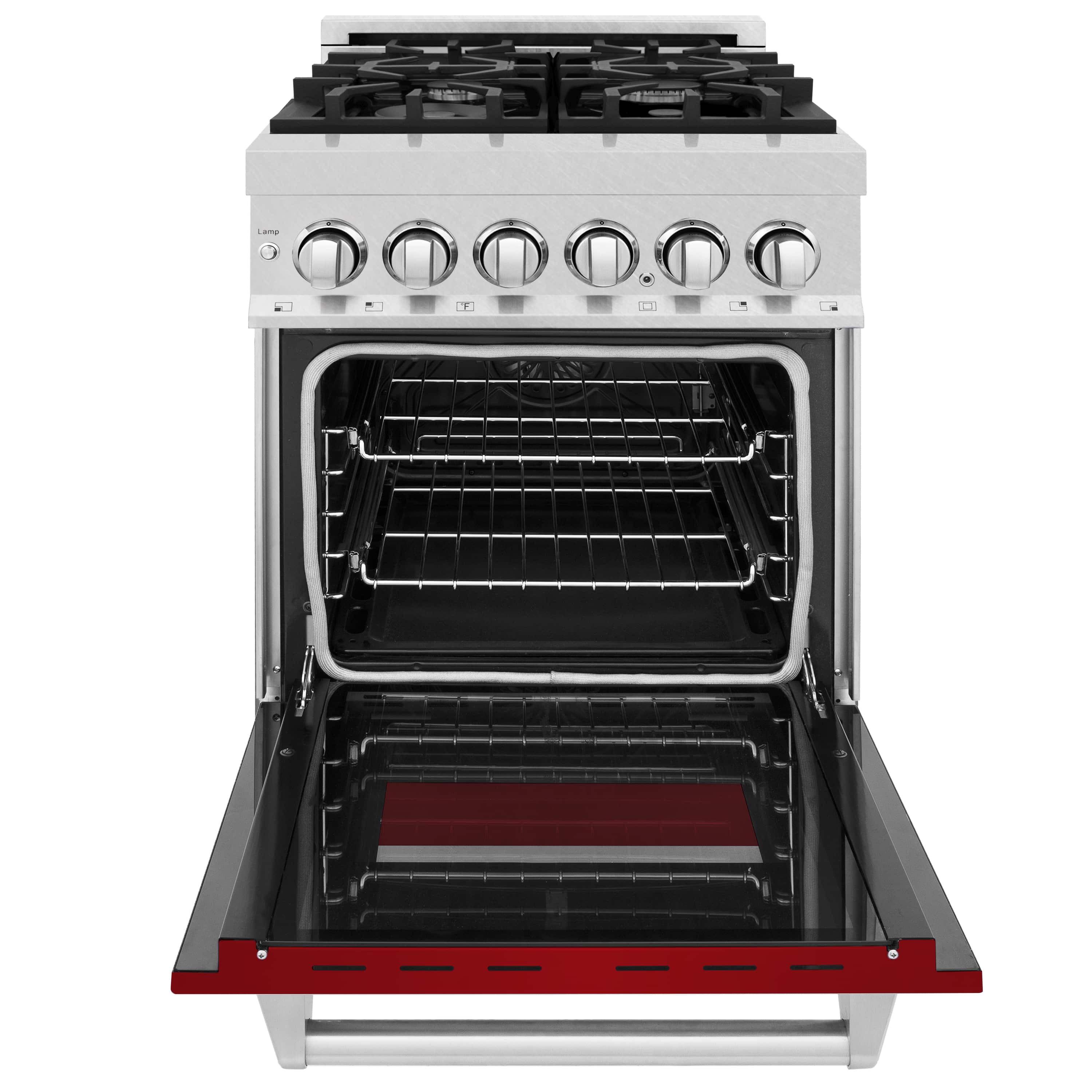 Dual fuel range with oven door open and two racks visible, red pull-out drawer base.