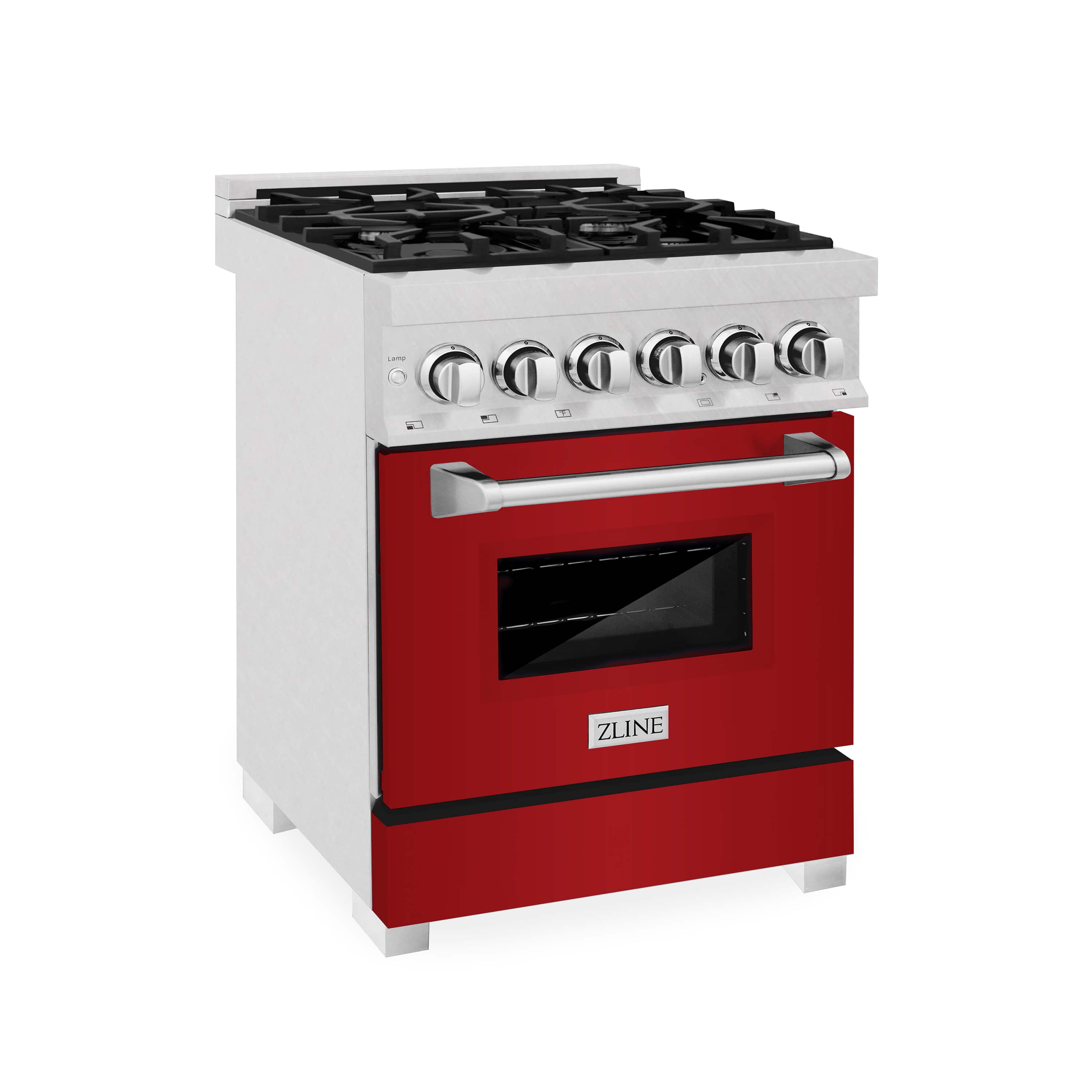 3/4 view of stainless dual fuel range with red oven door and black cooktop grates.