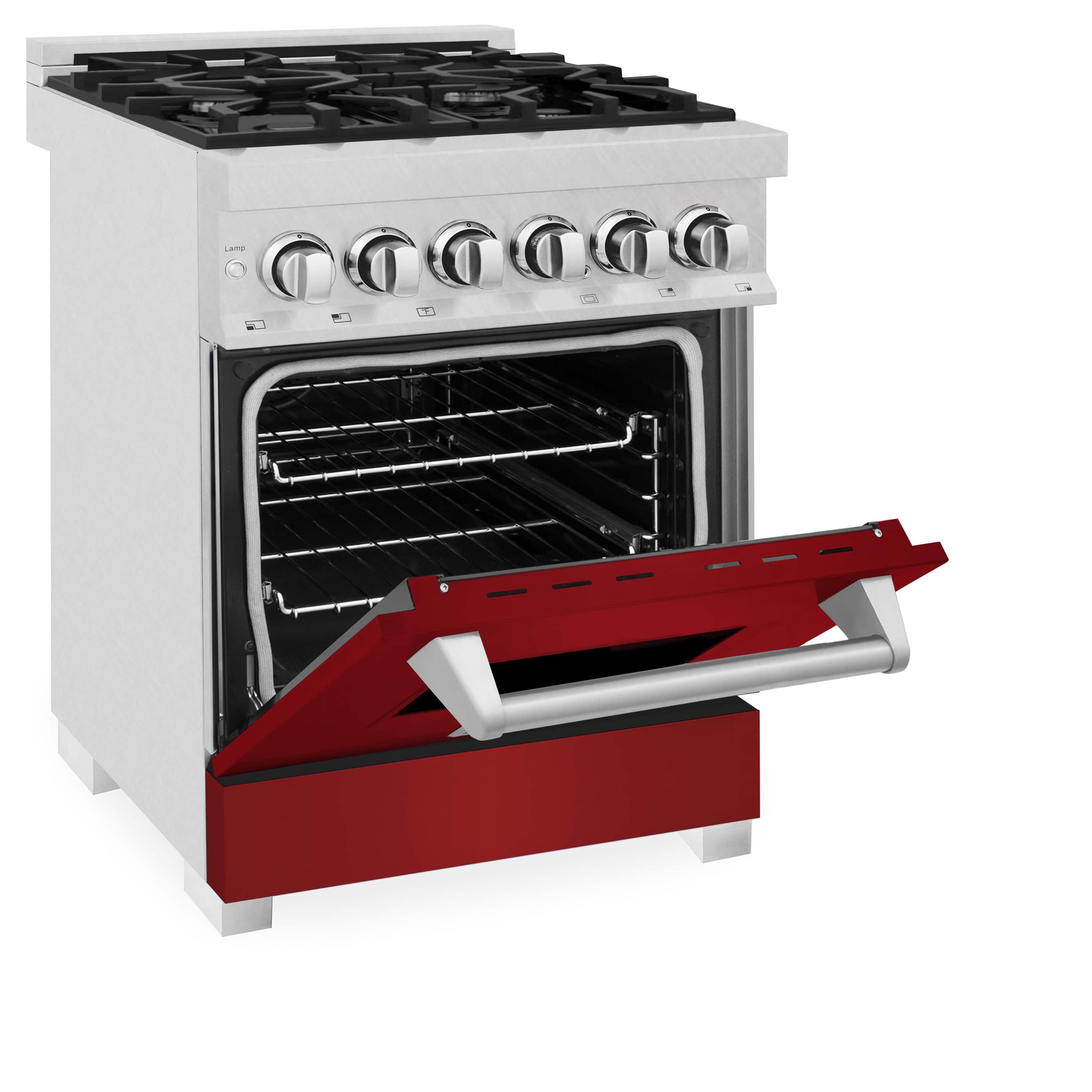 Dual fuel range with side-open door view, stainless knobs, red drawer area, and oven racks.