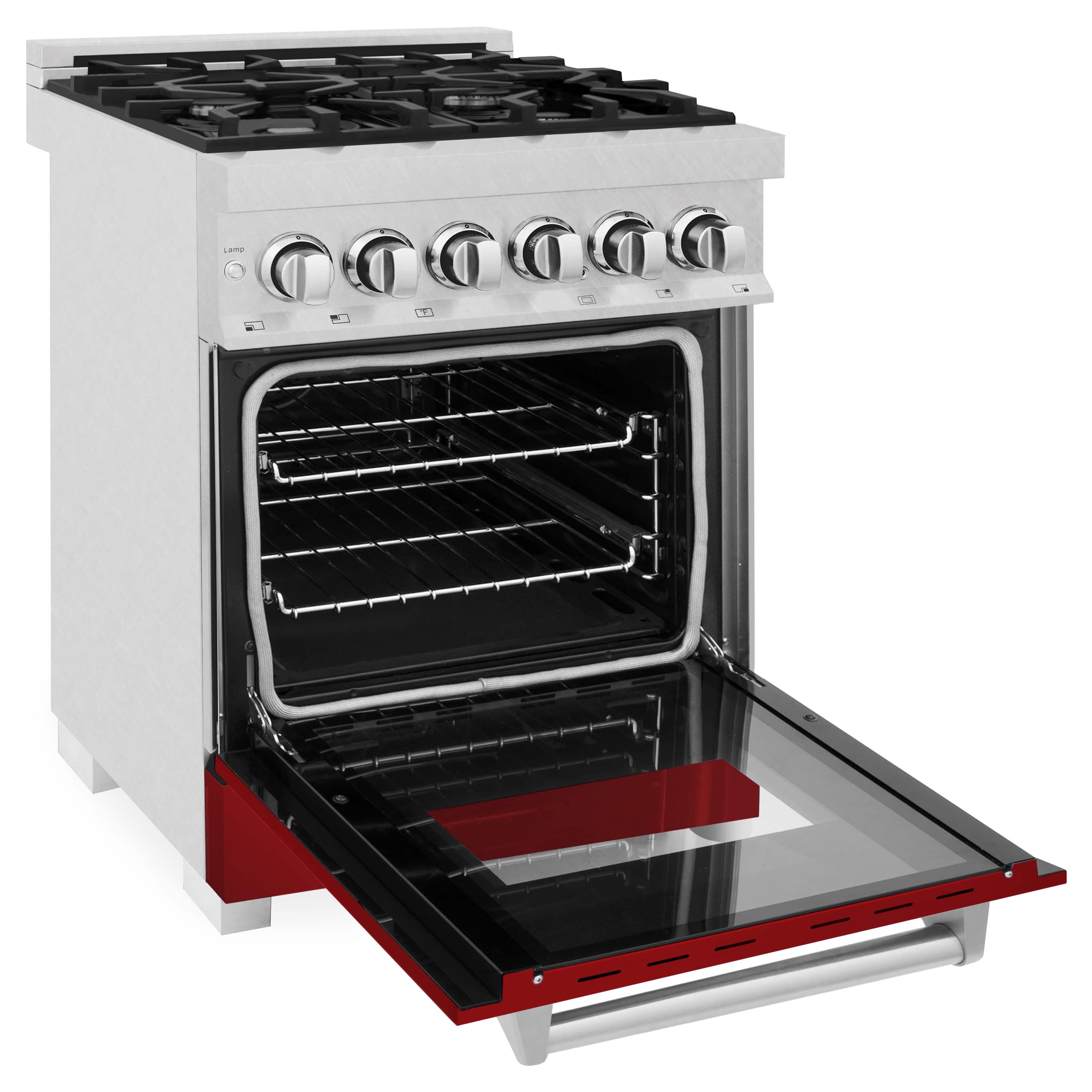 Dual fuel range with oven door open, stainless interior racks, and red lower drawer panel.