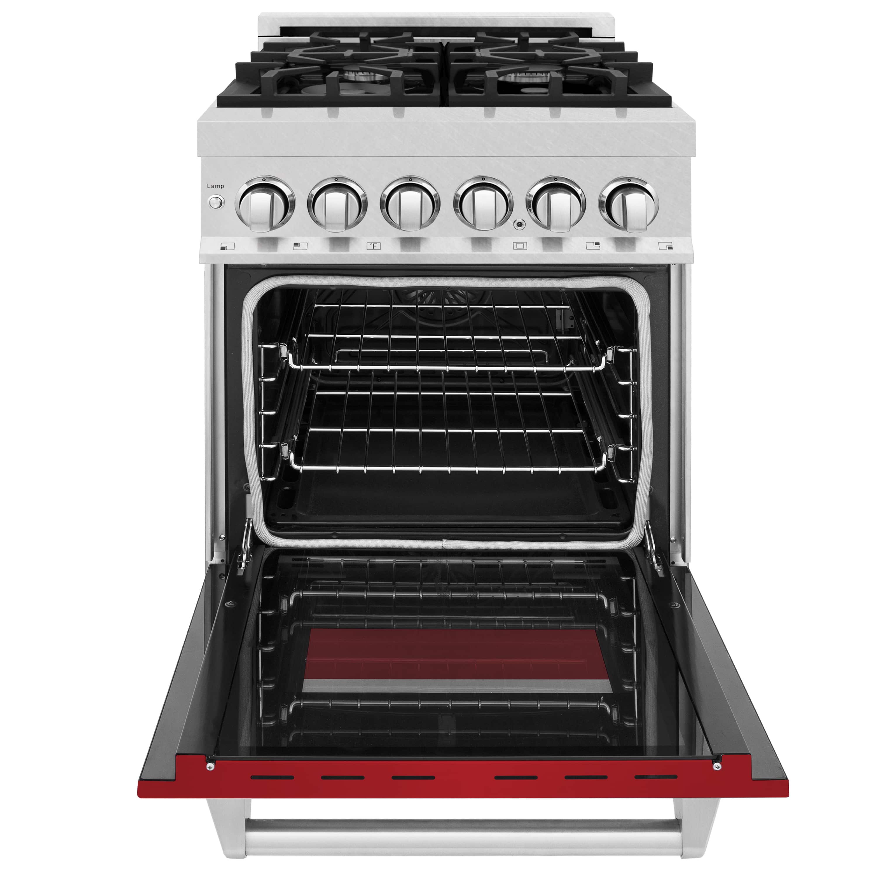 Oven cavity open with wire racks and red base inside dual fuel range