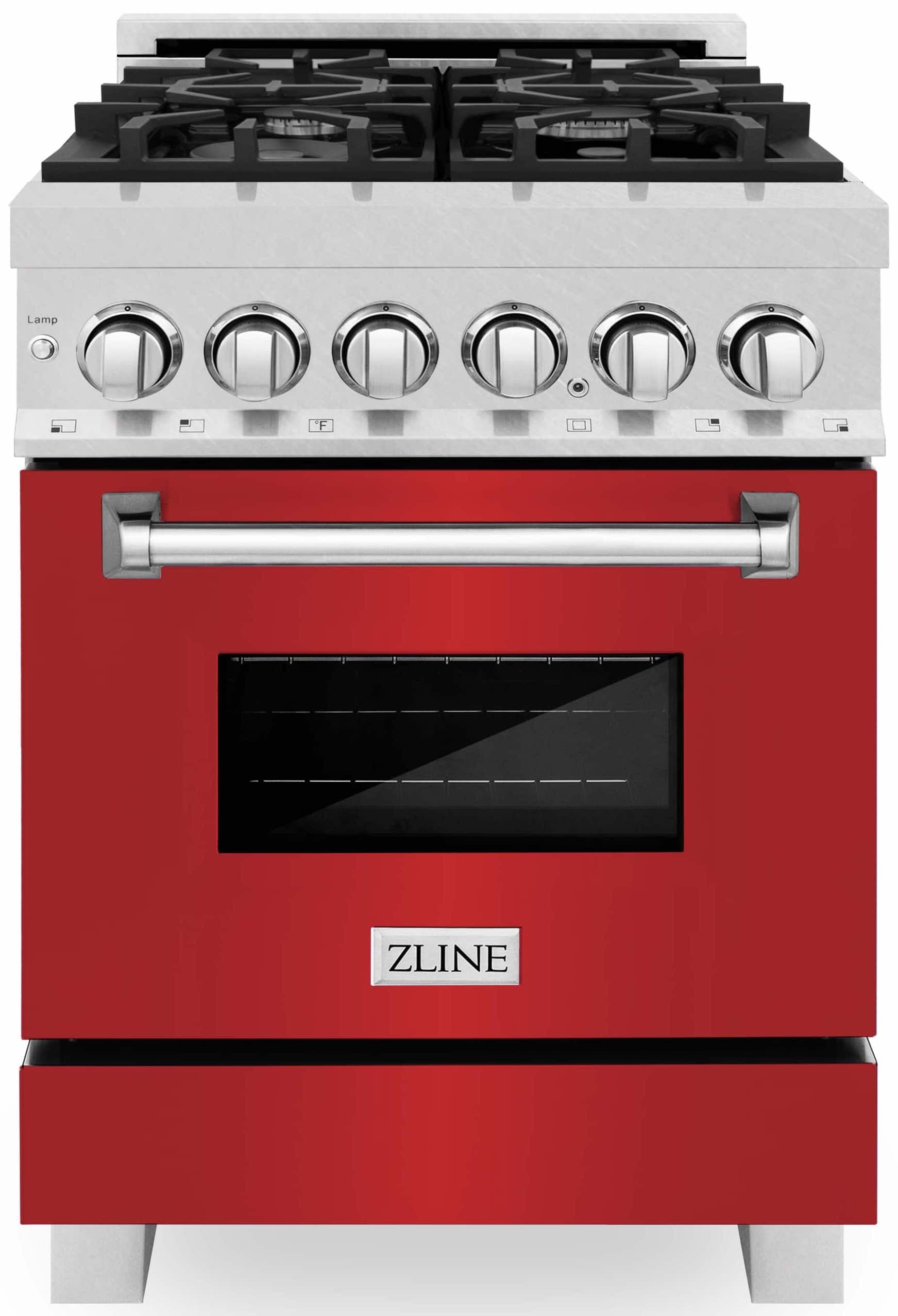 Stainless cooktop with black grates and red oven door with window; six round control knobs
