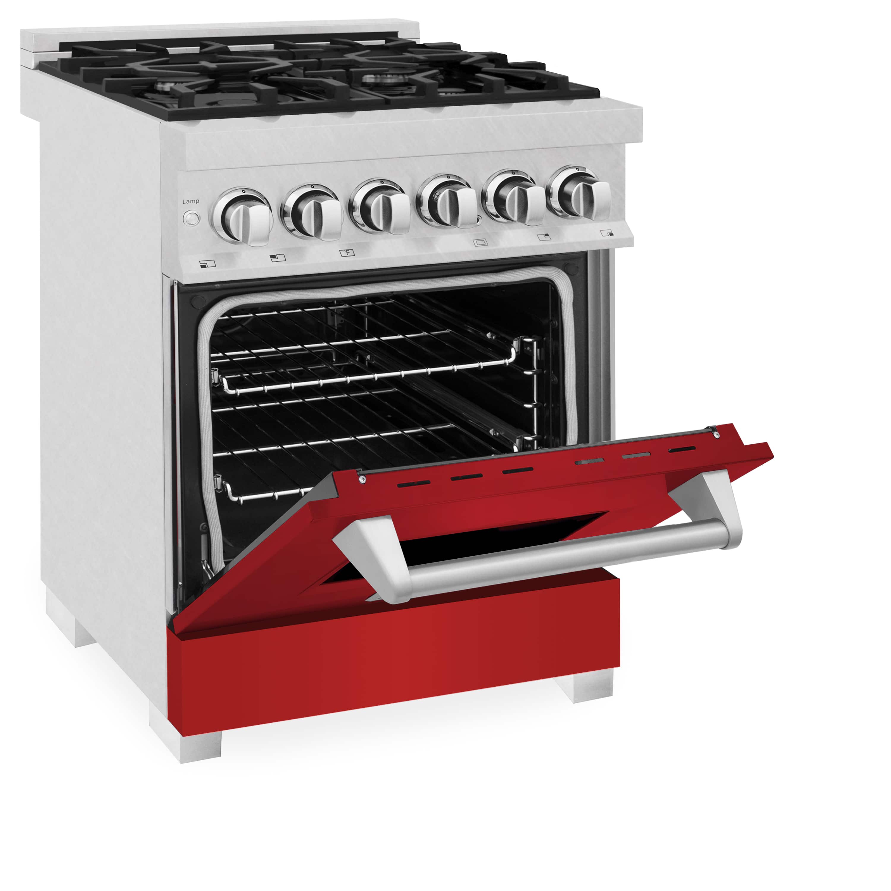 Dual fuel range with oven door open showing racks; red bottom drawer and silver handle