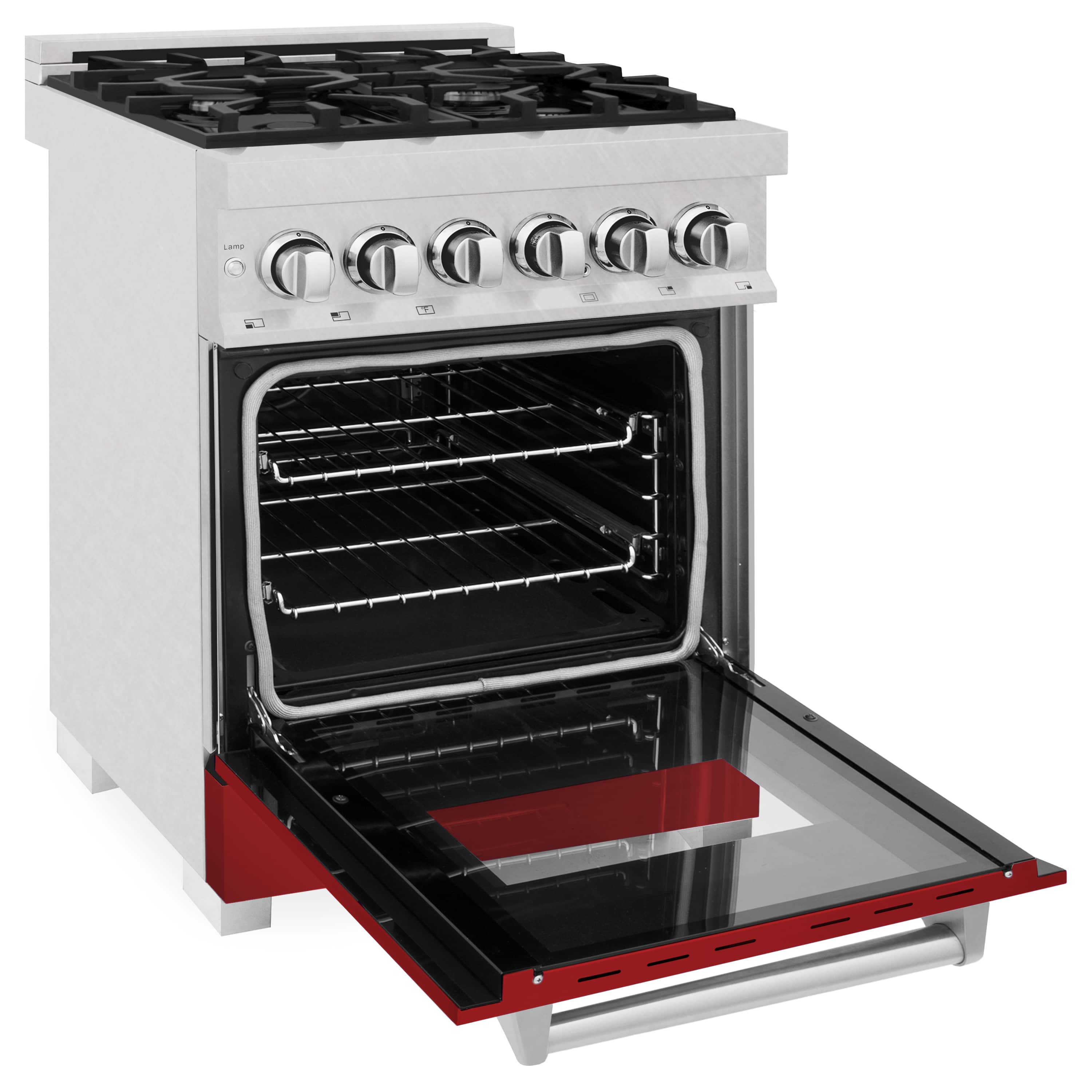 Oven open with racks and red interior base; stainless dual fuel range with burner cooktop