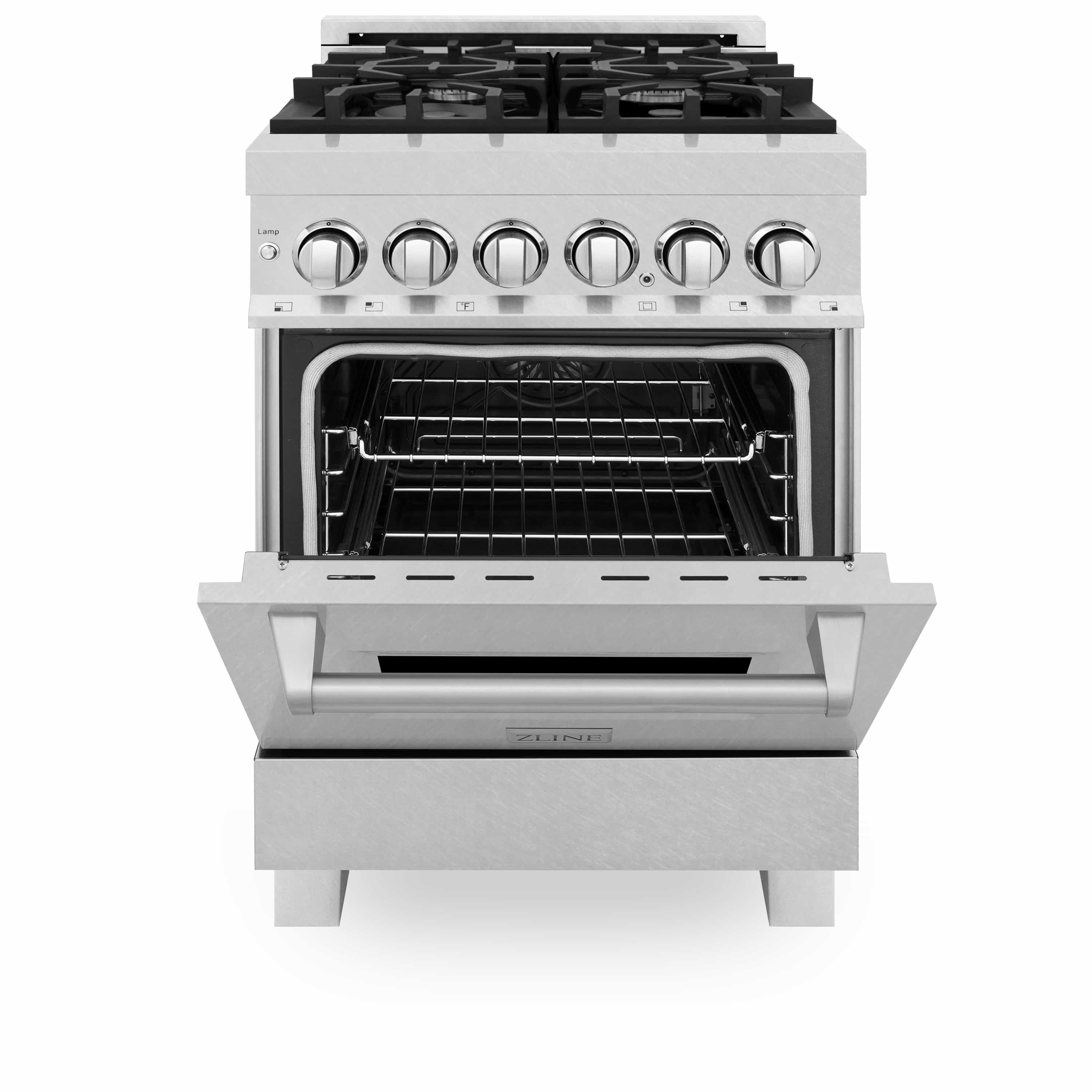 Front view of dual fuel range with open oven, top racks, and control knobs