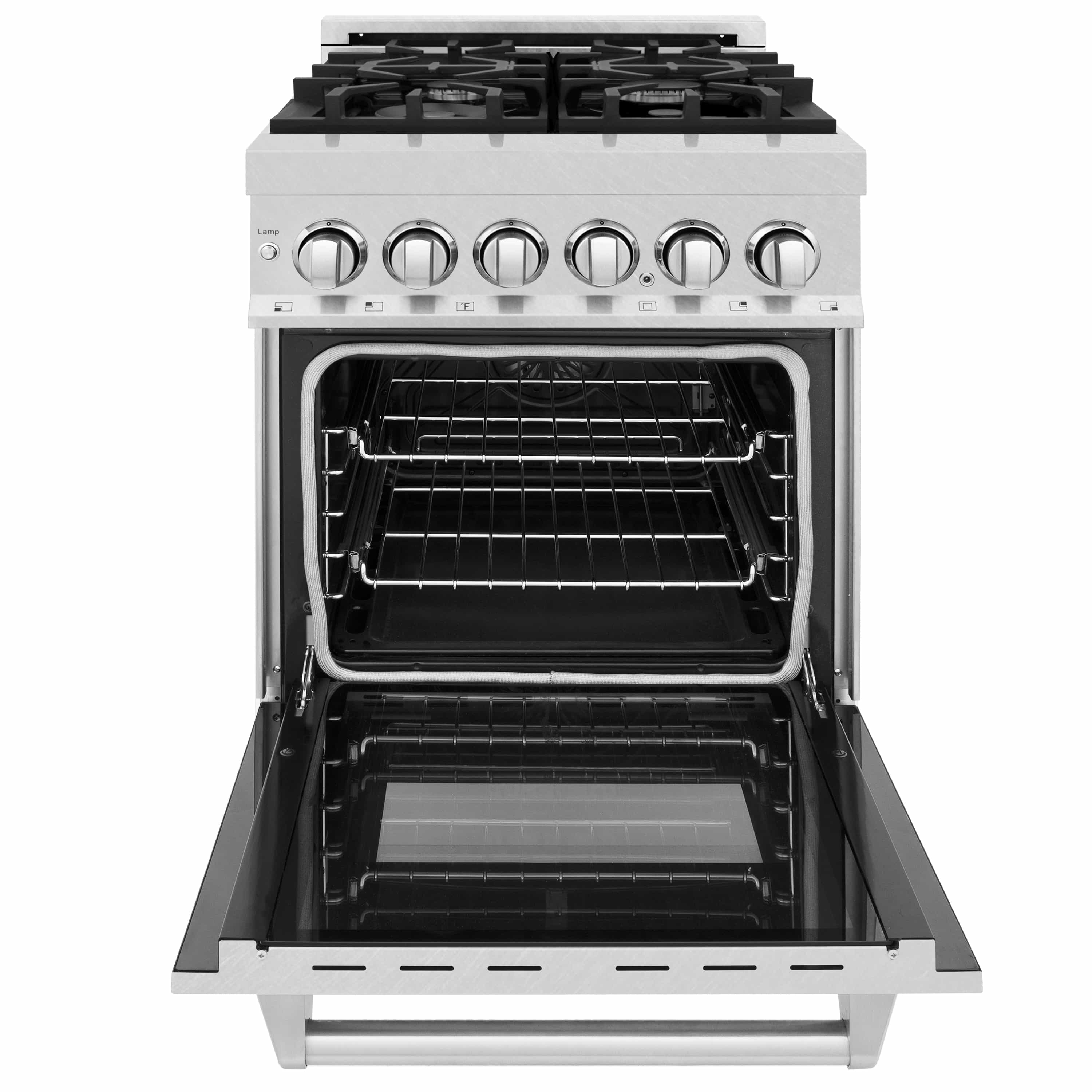 Dual fuel range oven open with two racks and black interior cavity