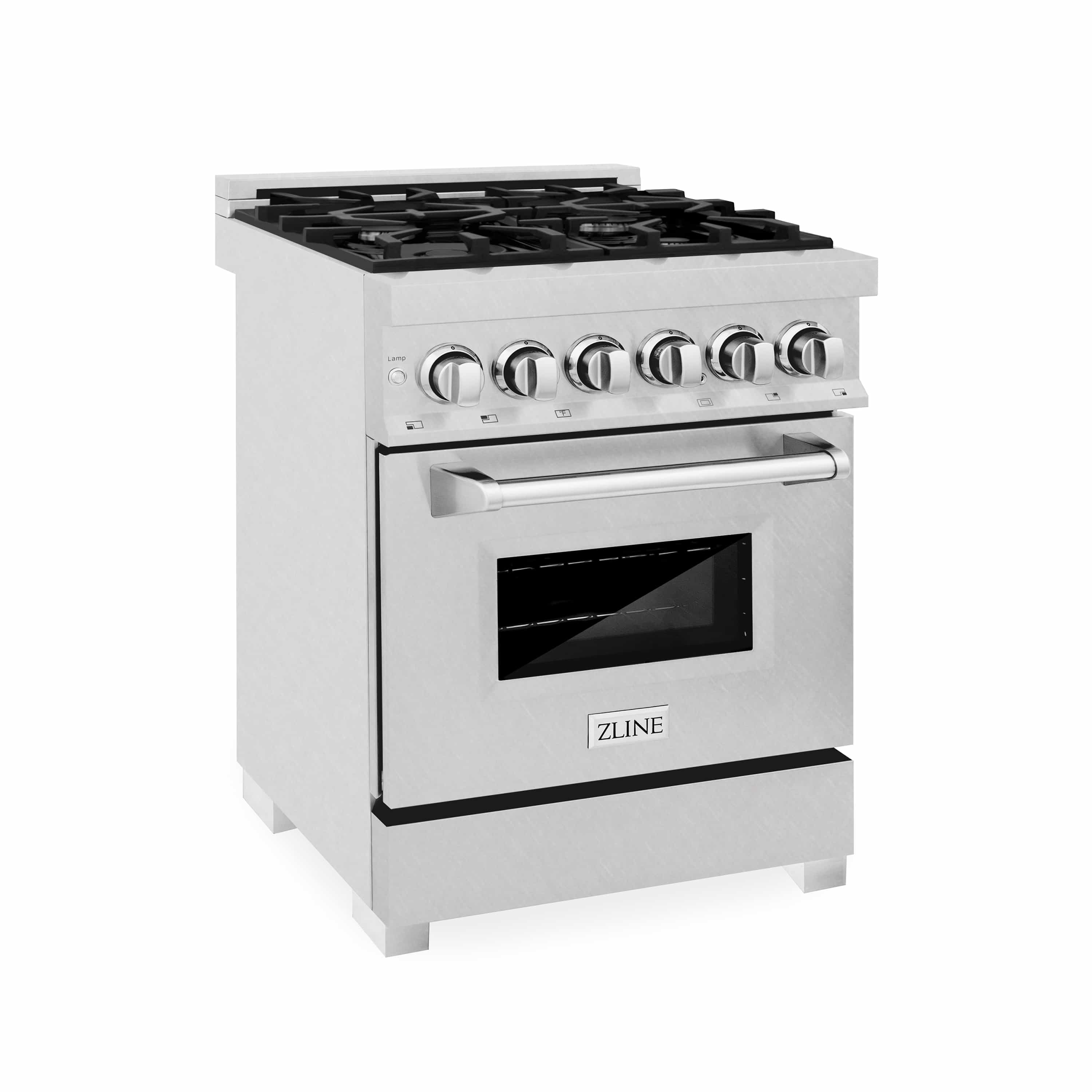 Stainless steel ZLINE range with 6 gas burners and control knobs
