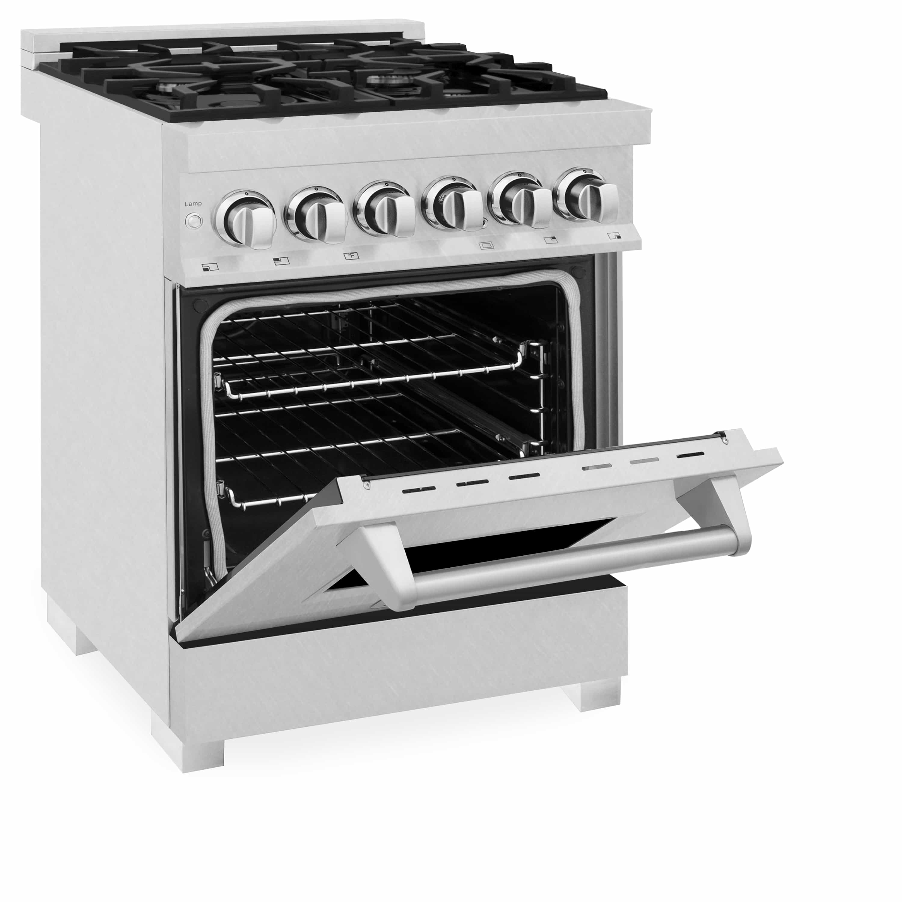 Stainless steel ZLINE range with open oven door and visible racks