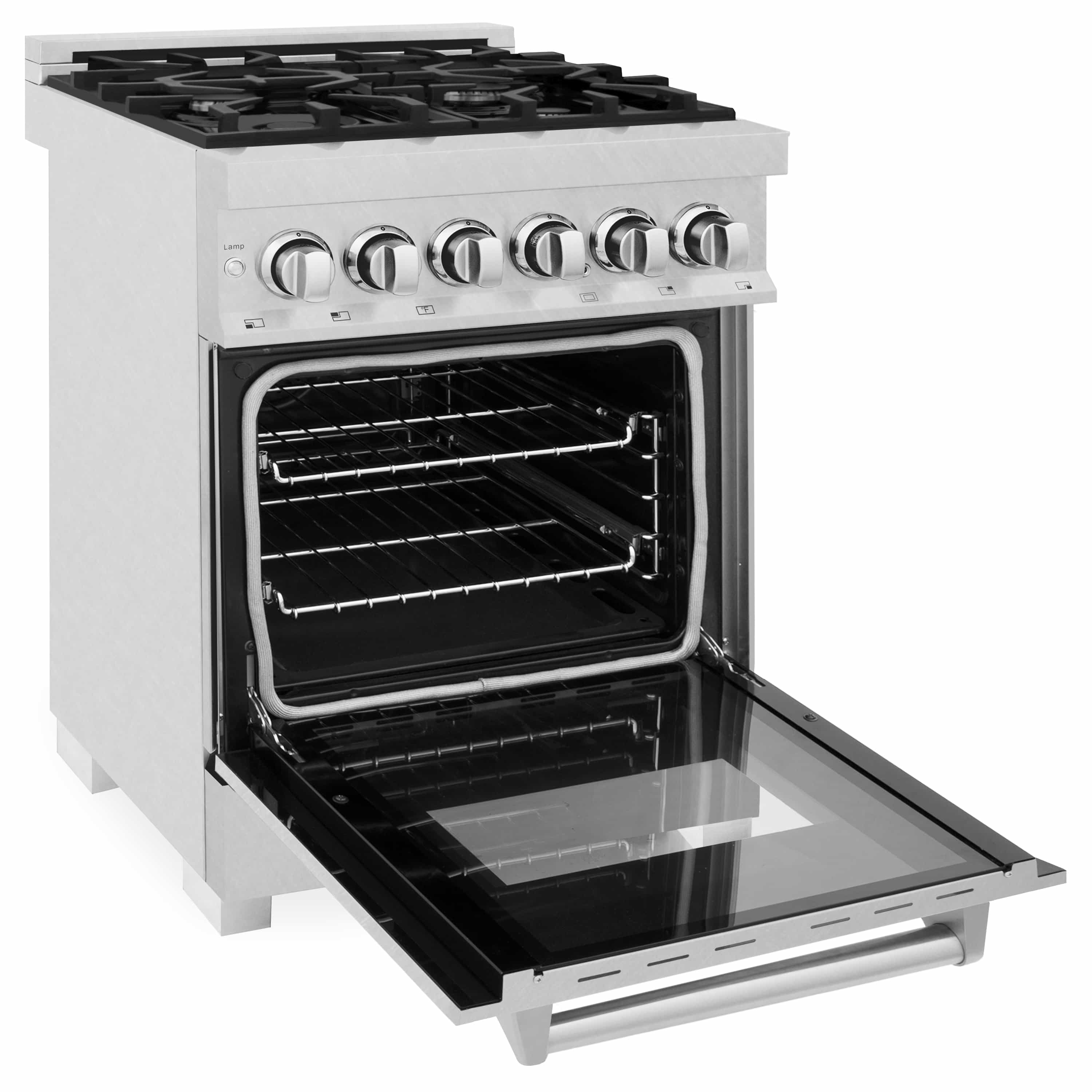 Stainless steel ZLINE range with extended oven door and interior racks