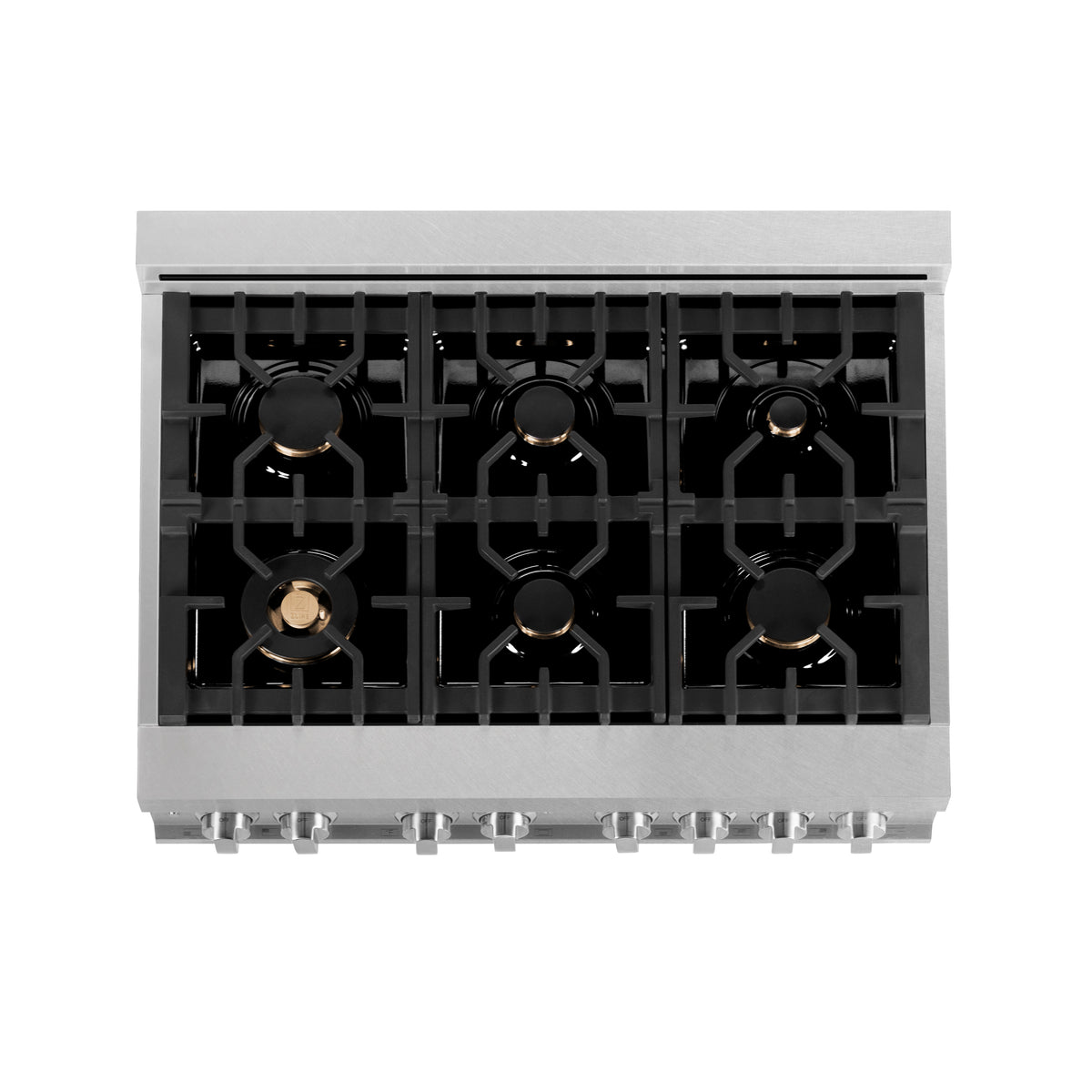 Stainless steel gas cooktop with multiple burners and black grates