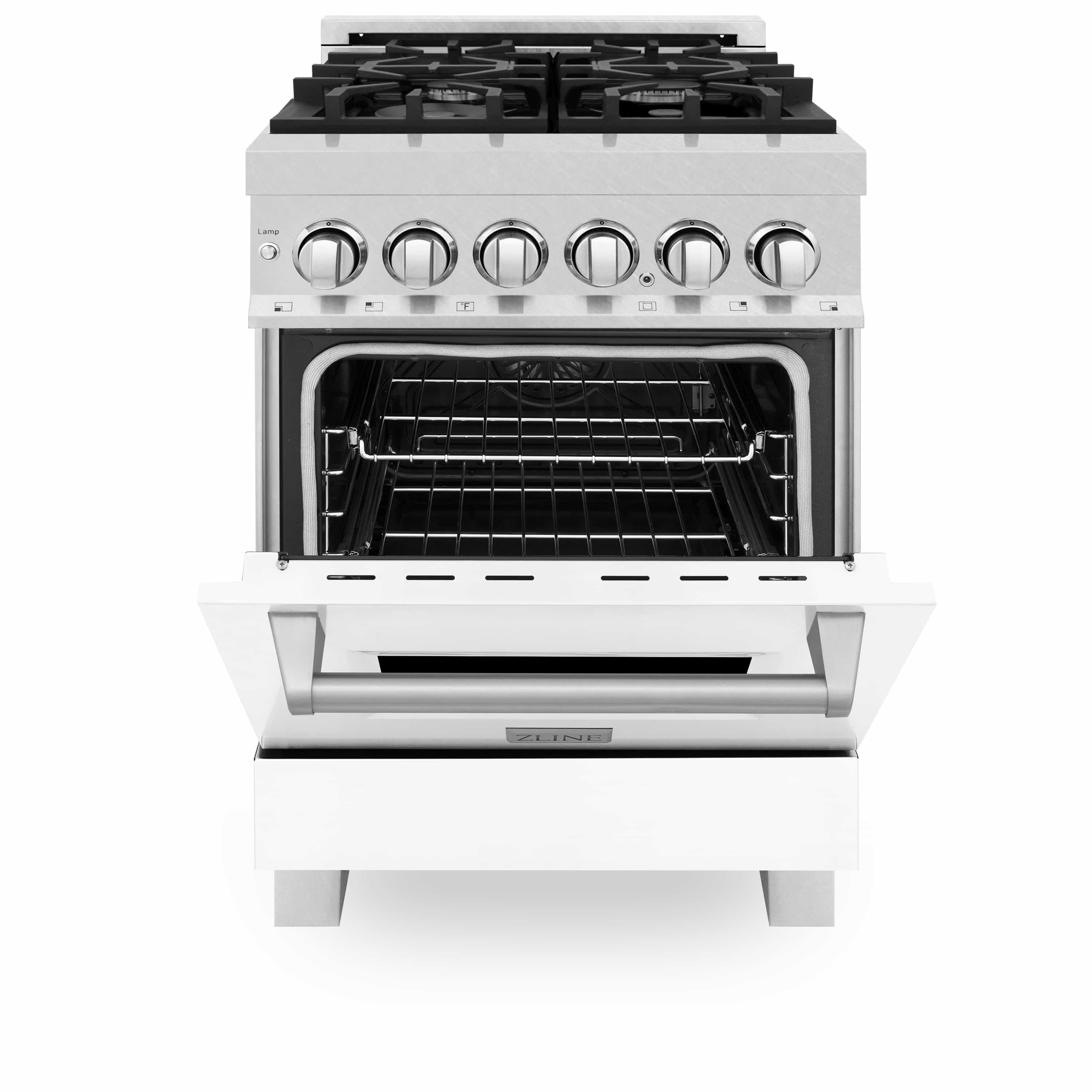 Dual fuel range with oven door open, showing dark baking cavity and wire racks