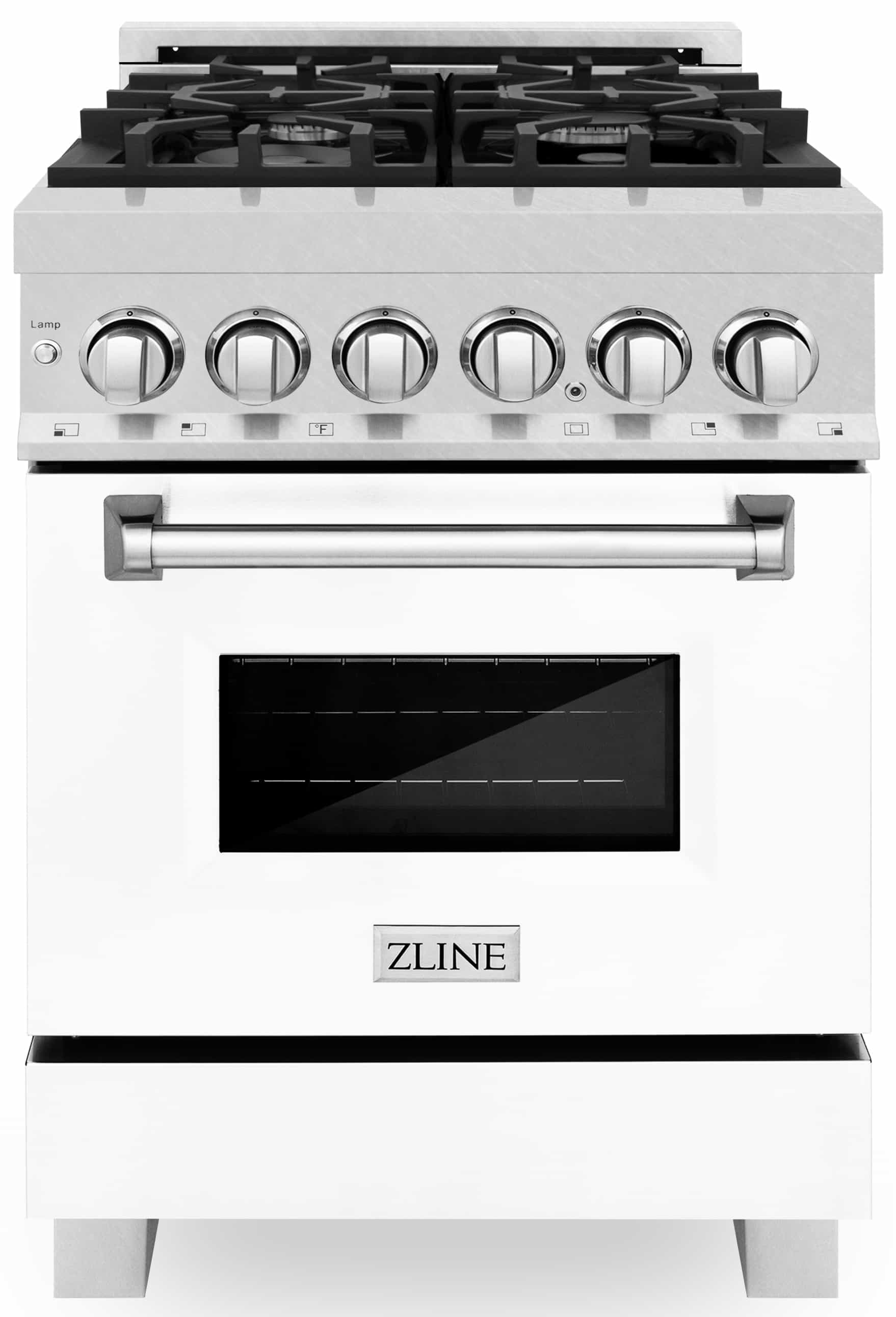Front view dual fuel range with black cooktop grates, six chrome knobs, and glass oven door