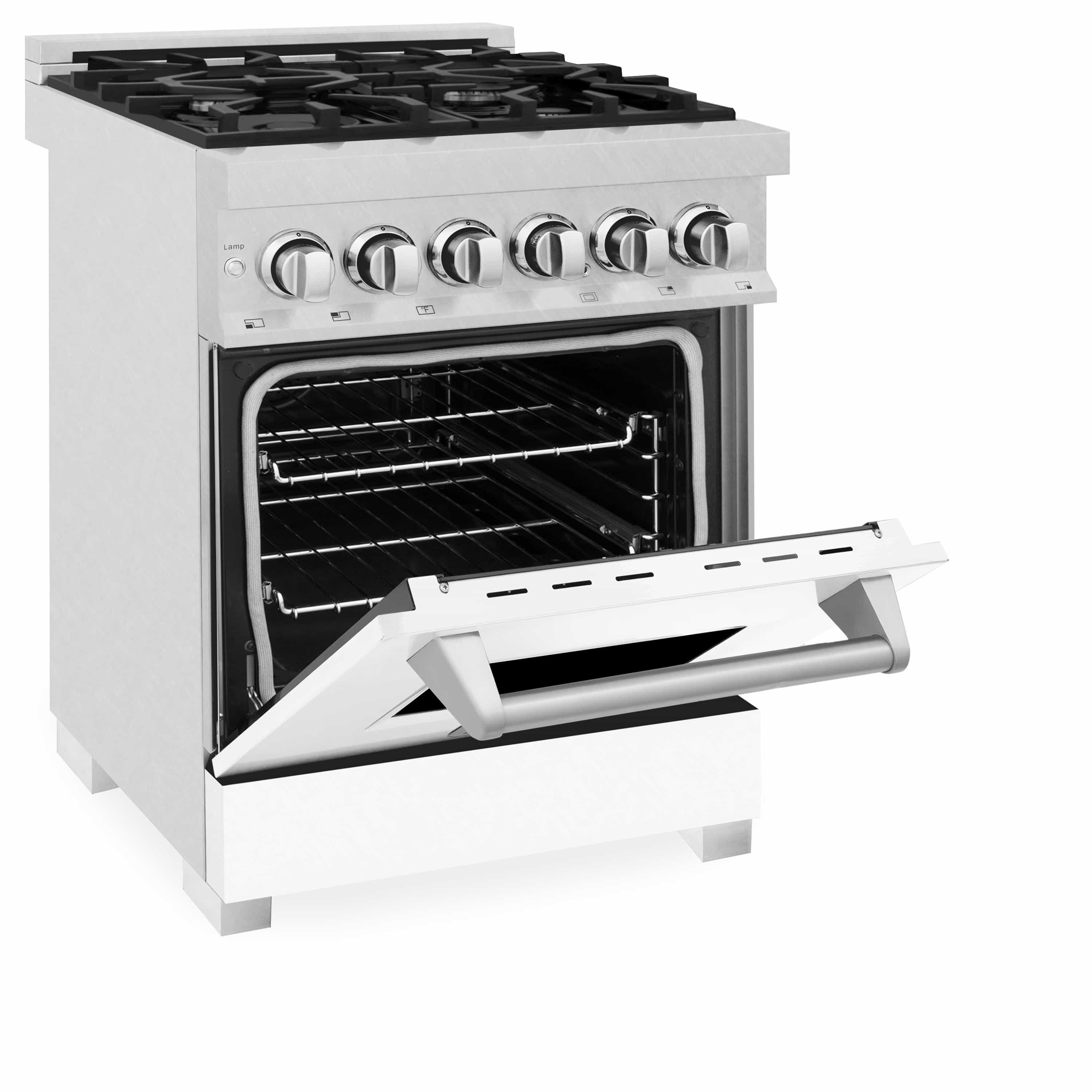 Dual fuel range with oven door open and side cavity visible, chrome handle and control knobs