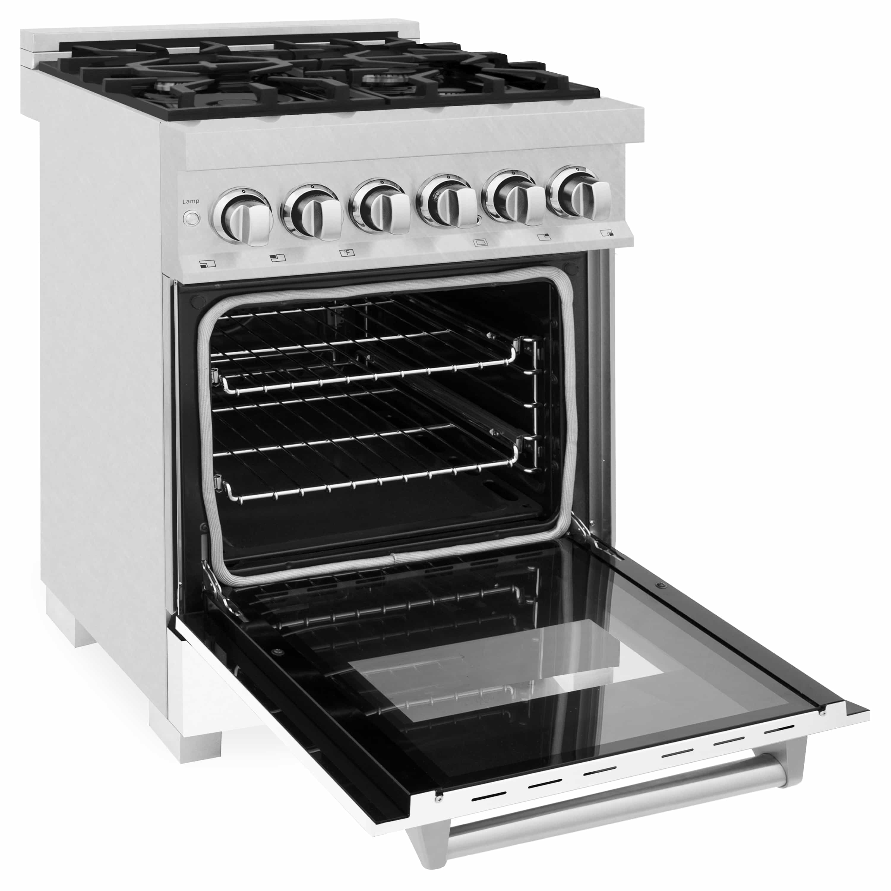 Dual fuel range with oven door open and broiler compartment extended forward