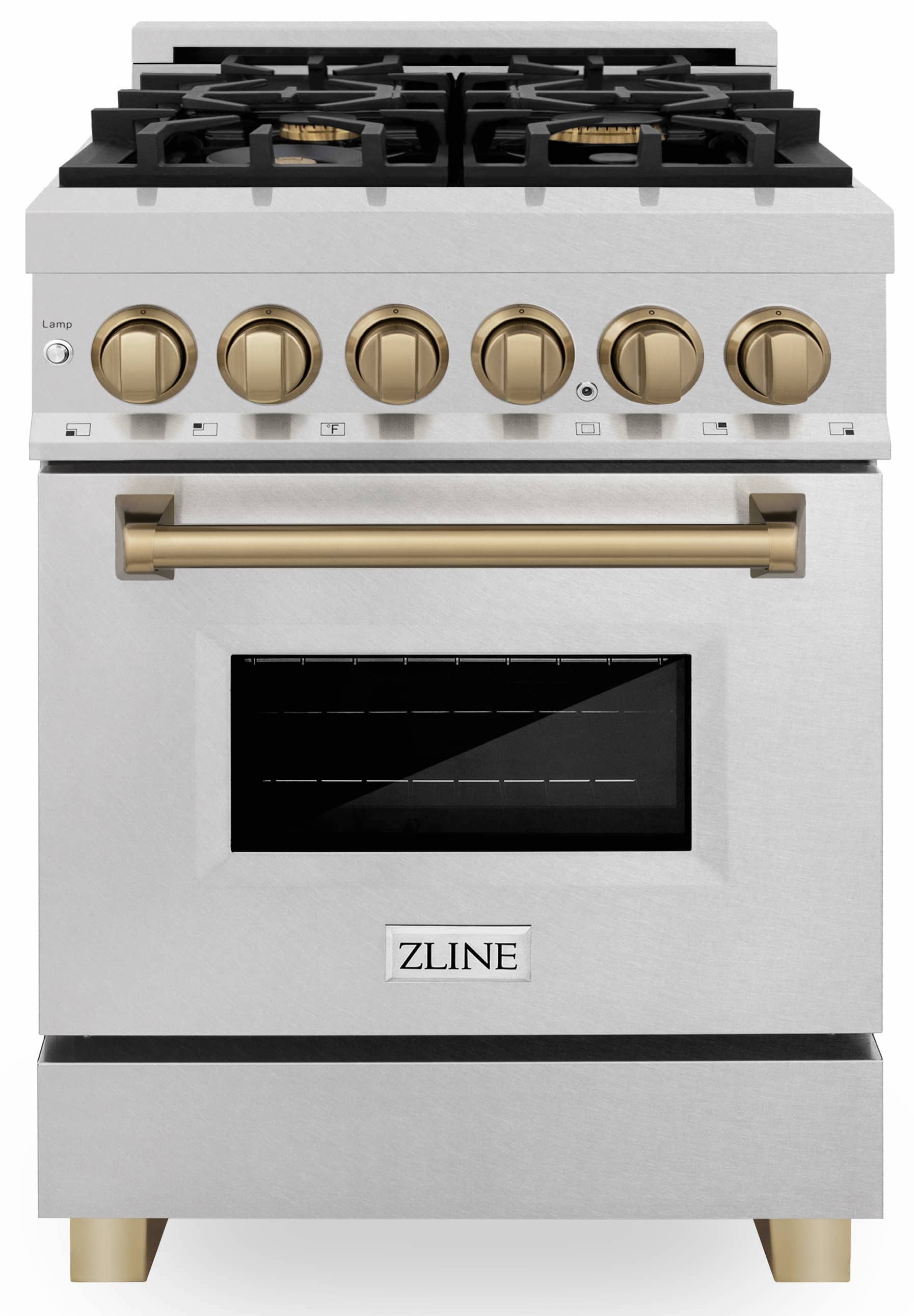 Dual fuel range front view with bronze control knobs and satin stainless oven door