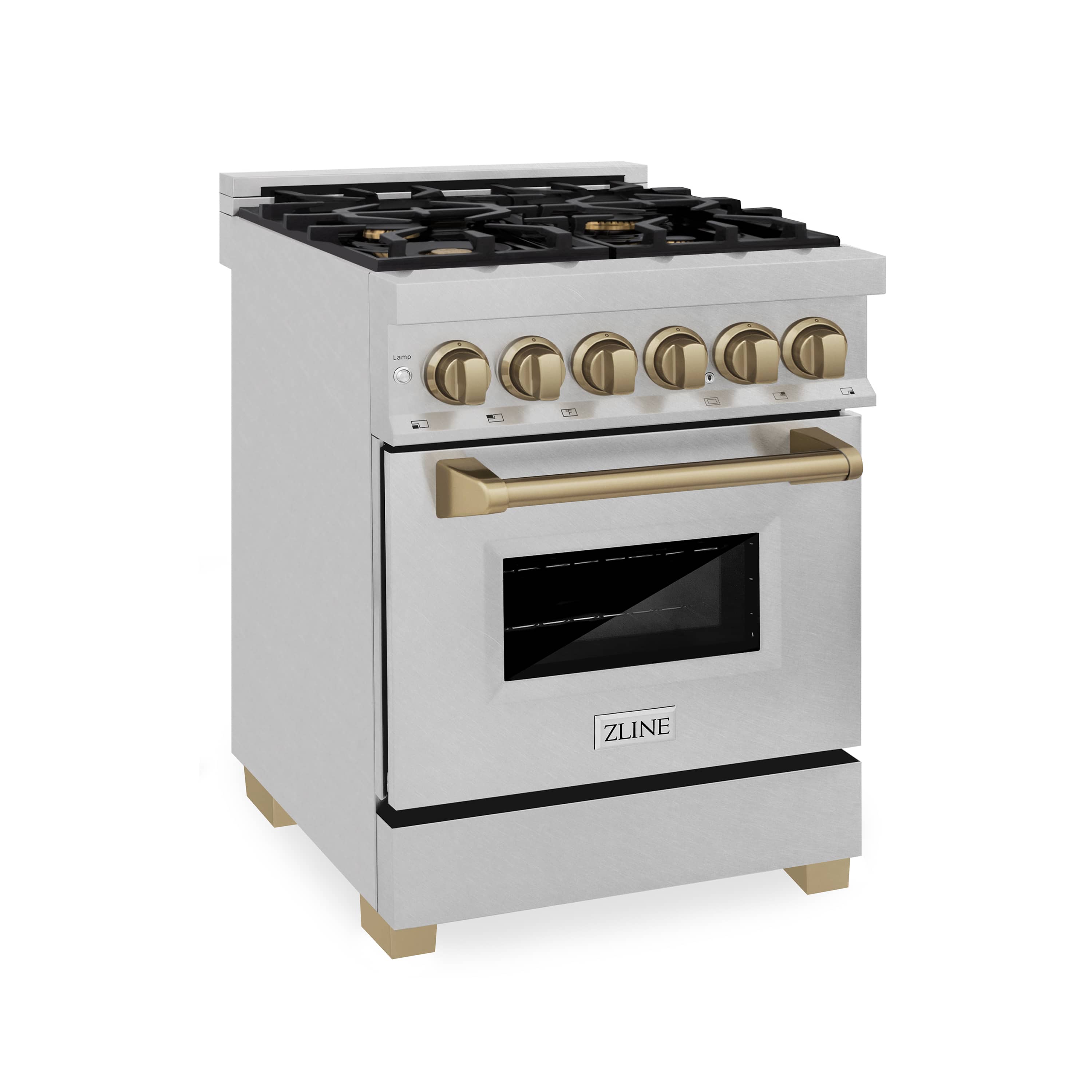 Dual fuel range exterior with six gas burners, satin stainless body and bronze knobs