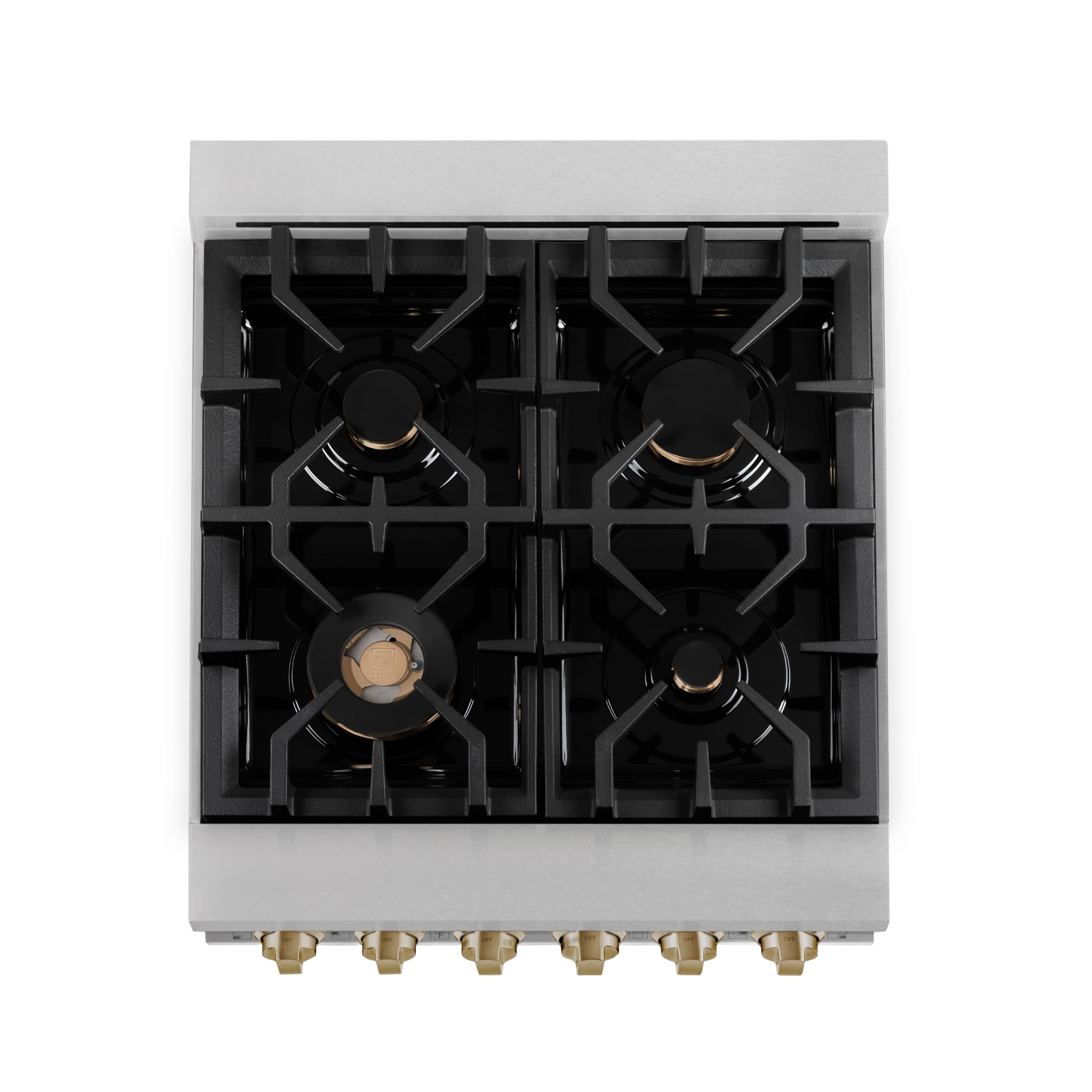 Dual fuel range cooktop with four burners visible and champagne bronze gas caps