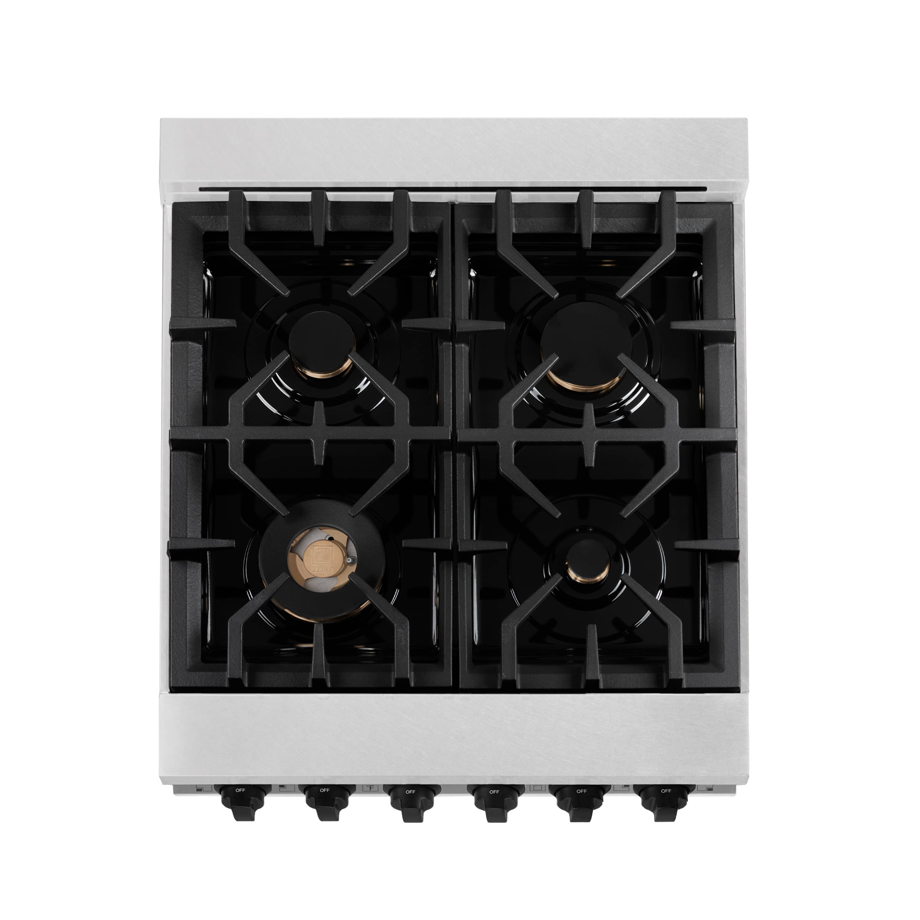 Four-burner cooktop grate layout with black burner caps on stainless range